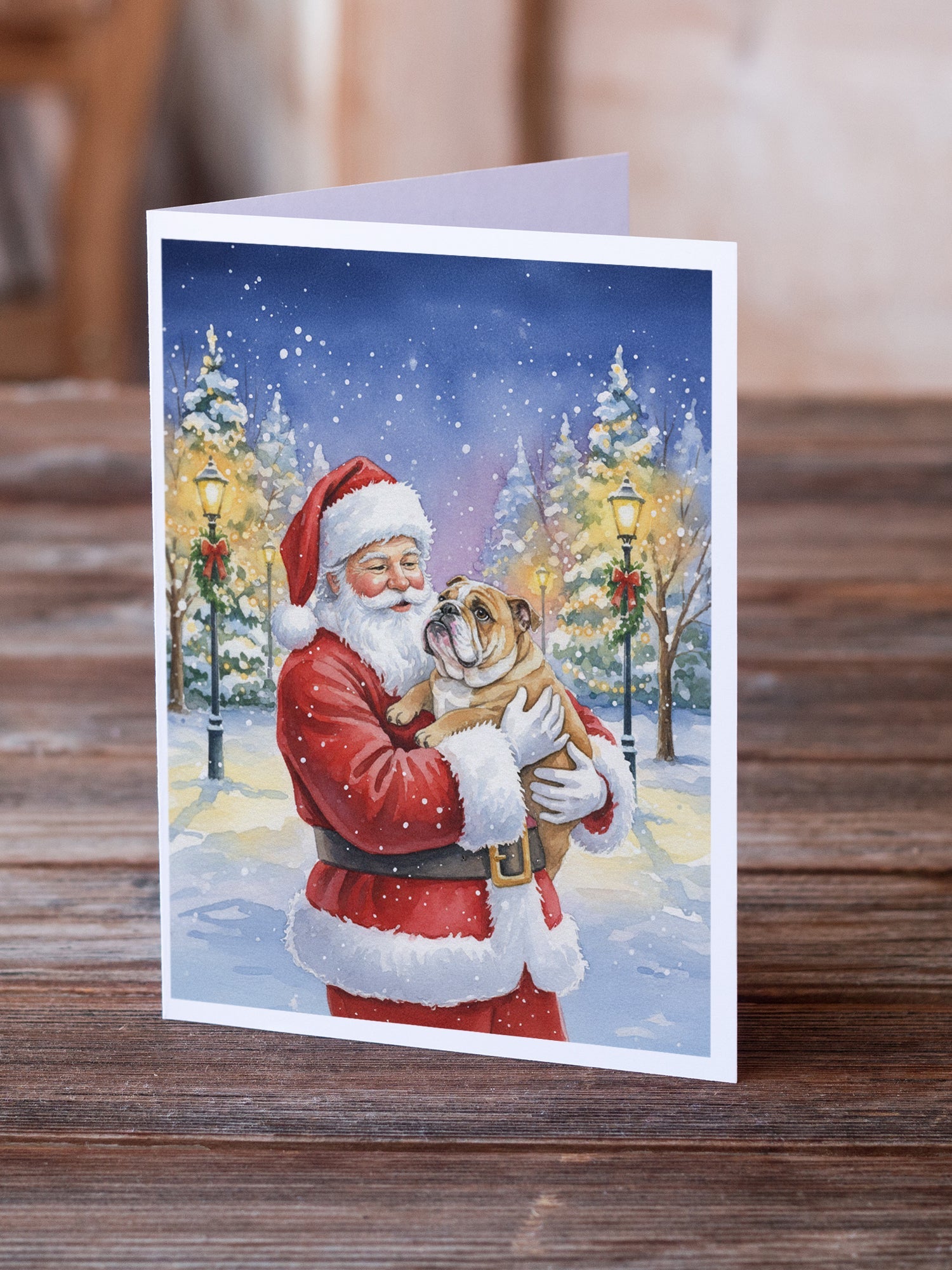 English Bulldog with Santa Claus Greeting Cards Pack of 8 Blank Cards with Envelopes Whimsical A7 Size 5x7