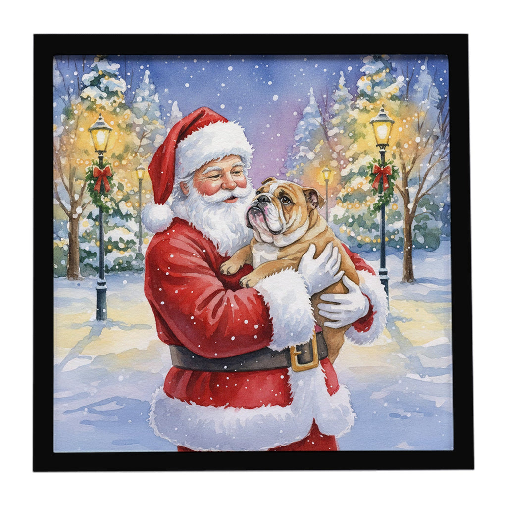 English Bulldog with Santa Claus Framed Metal Print Bathroom, Kitchen, Office, Home Decor Wall Art Ready to Hang, Square, 8X8
