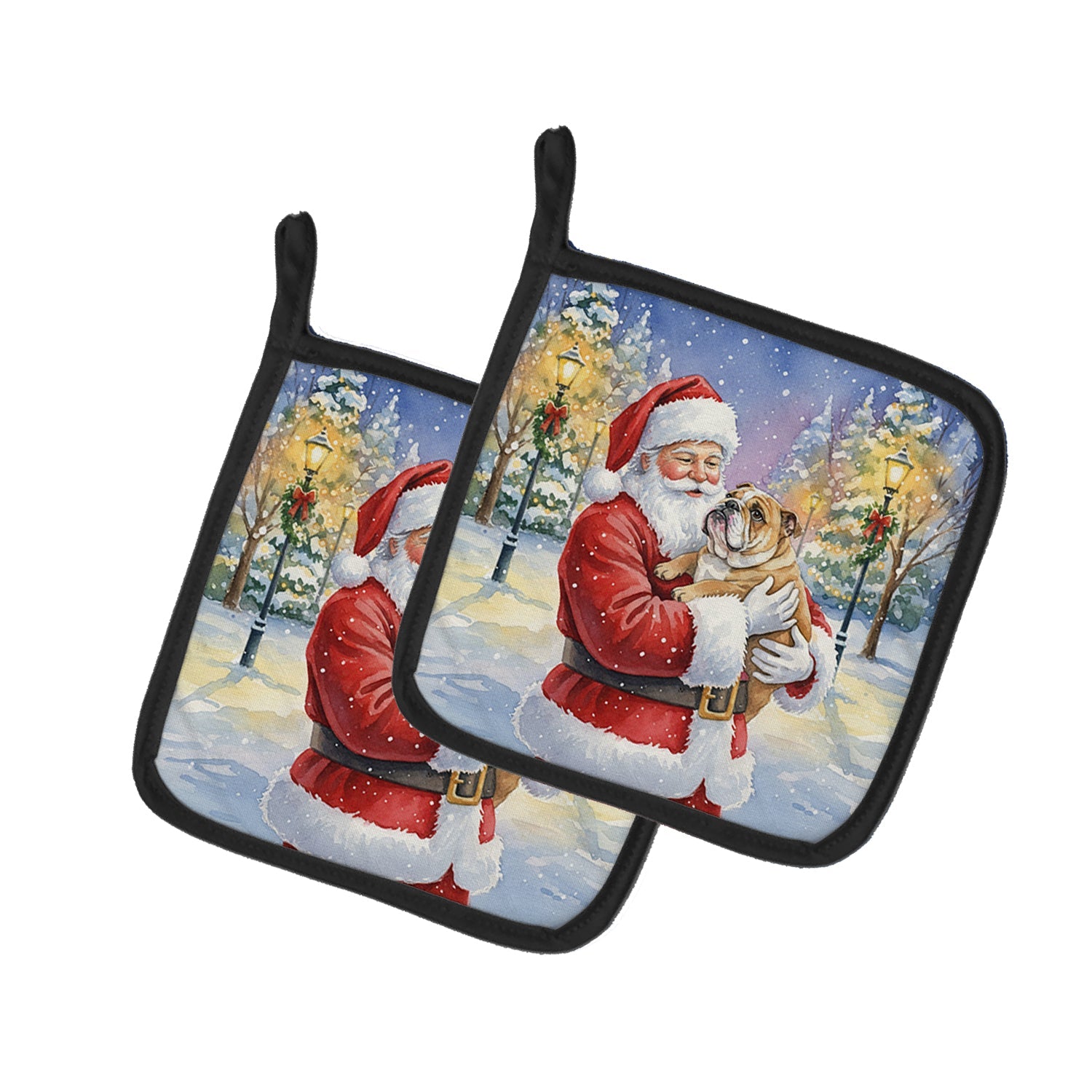 English Bulldog with Santa Claus Pot Holder Set of 2 Heat Resistant Quilted Hot Pads 7.5 x 7.5 Inch, Insulated Kitchen Trivets for Cooking & Baking