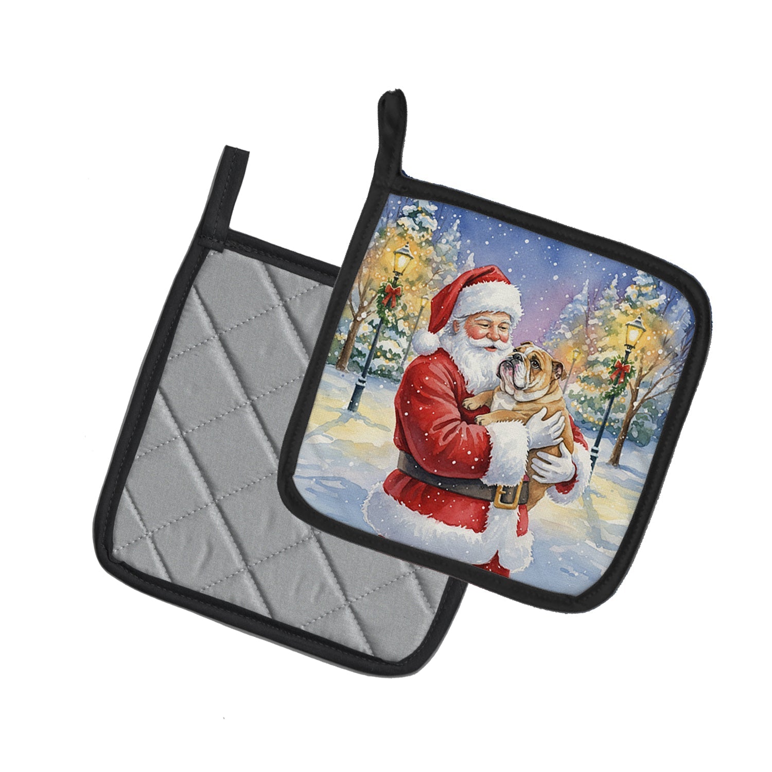 English Bulldog with Santa Claus Pot Holder Set of 2 Heat Resistant Quilted Hot Pads 7.5 x 7.5 Inch, Insulated Kitchen Trivets for Cooking & Baking