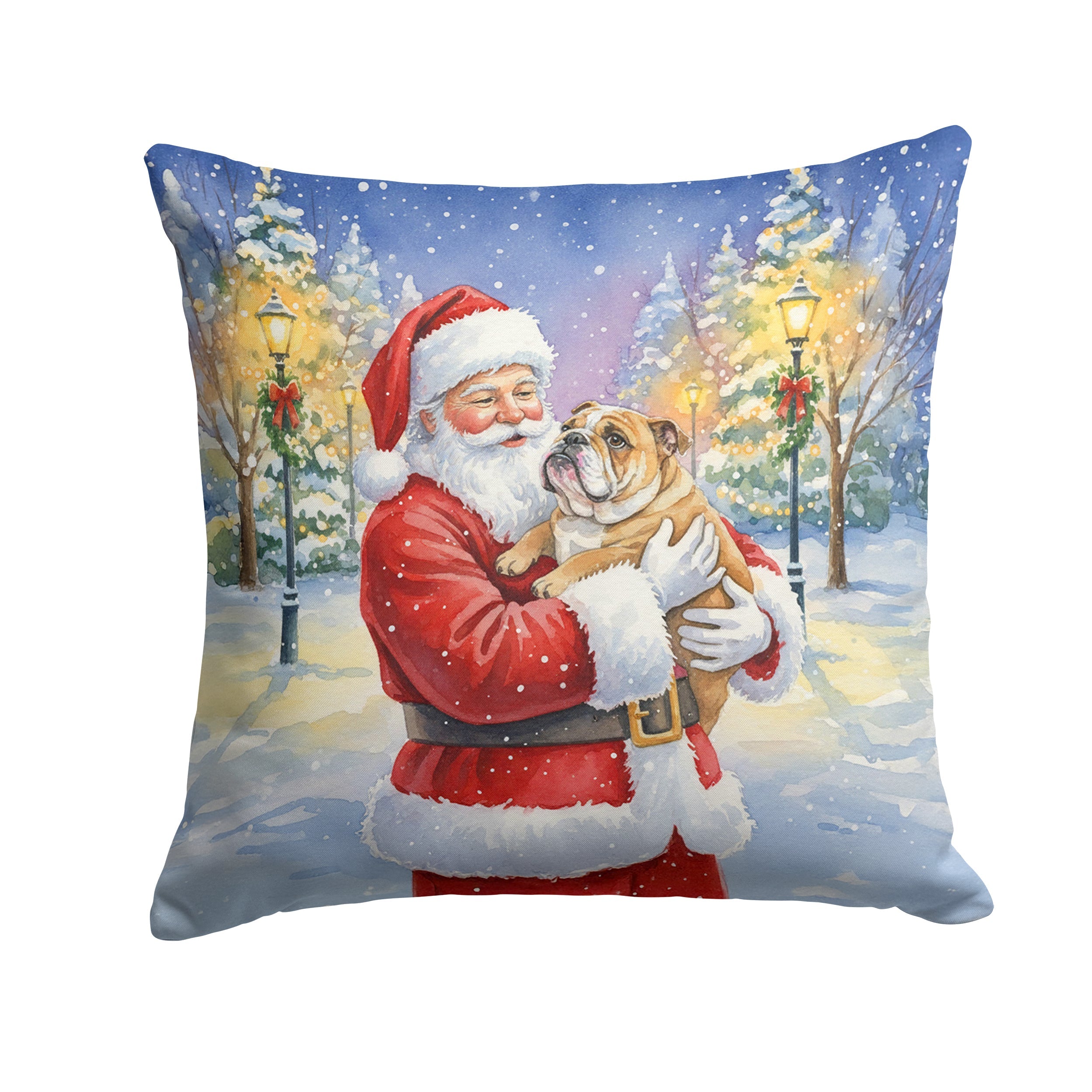 English Bulldog with Santa Claus Decorative Throw Pillow 14x14 Indoor Outdoor Accent Cushion, Fabric Cover with Insert for Sofa, Bed, Porch & Living Room
