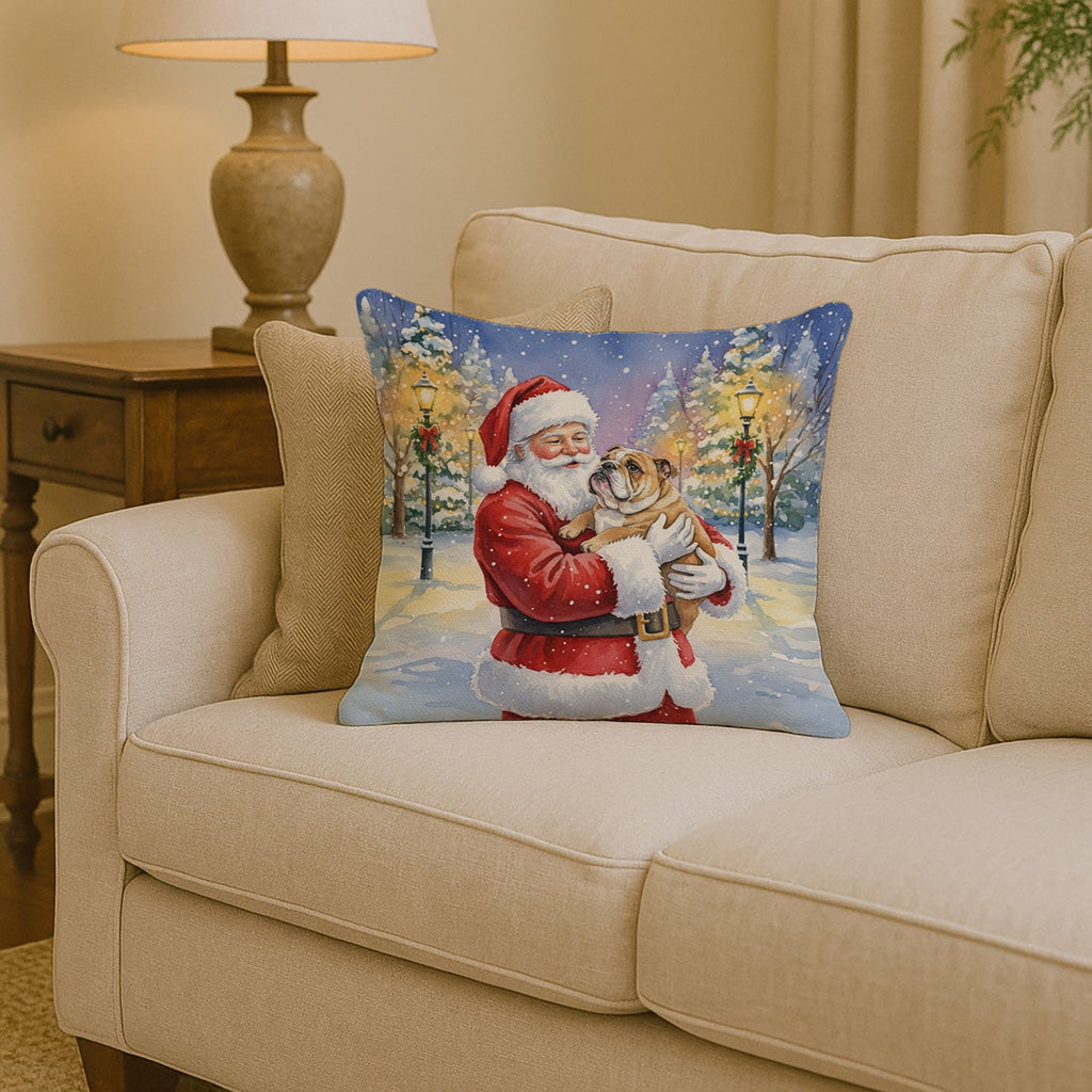 English Bulldog with Santa Claus Decorative Throw Pillow 14x14 Indoor Outdoor Accent Cushion, Fabric Cover with Insert for Sofa, Bed, Porch & Living Room