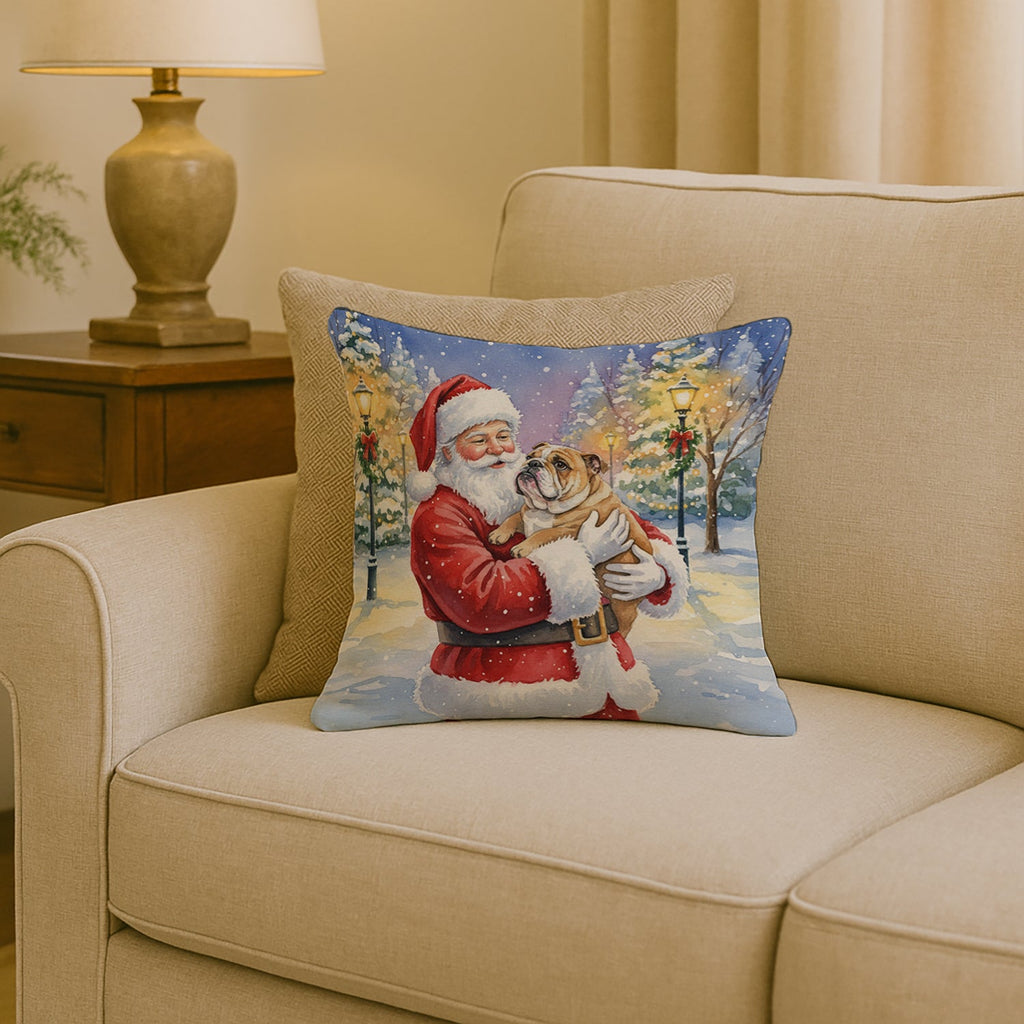 English Bulldog with Santa Claus Decorative Throw Pillow 18x18 Indoor Outdoor Accent Cushion, Fabric Cover with Insert for Sofa, Bed, Porch & Living Room