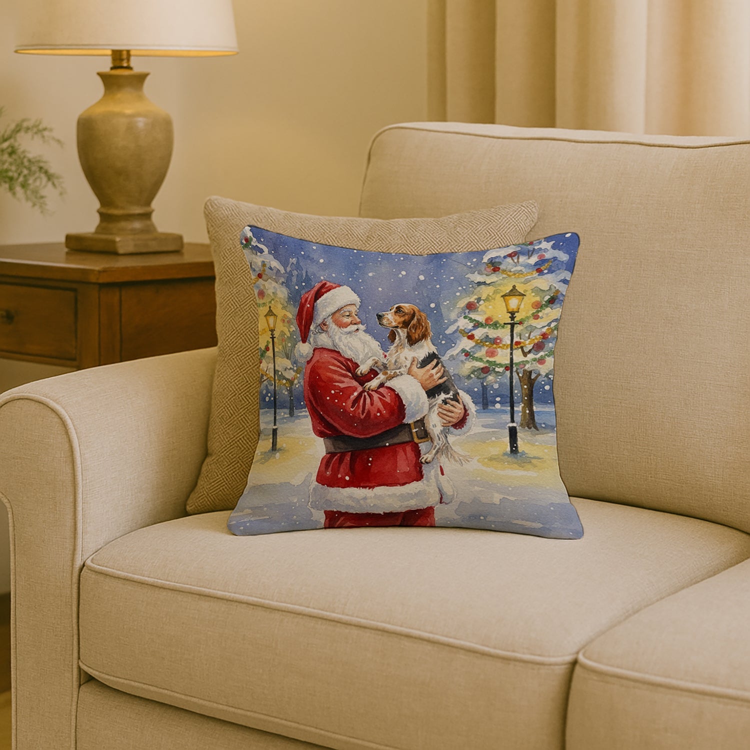 English Setter with Santa Claus Decorative Throw Pillow 18x18 Indoor Outdoor Accent Cushion, Fabric Cover with Insert for Sofa, Bed, Porch & Living Room