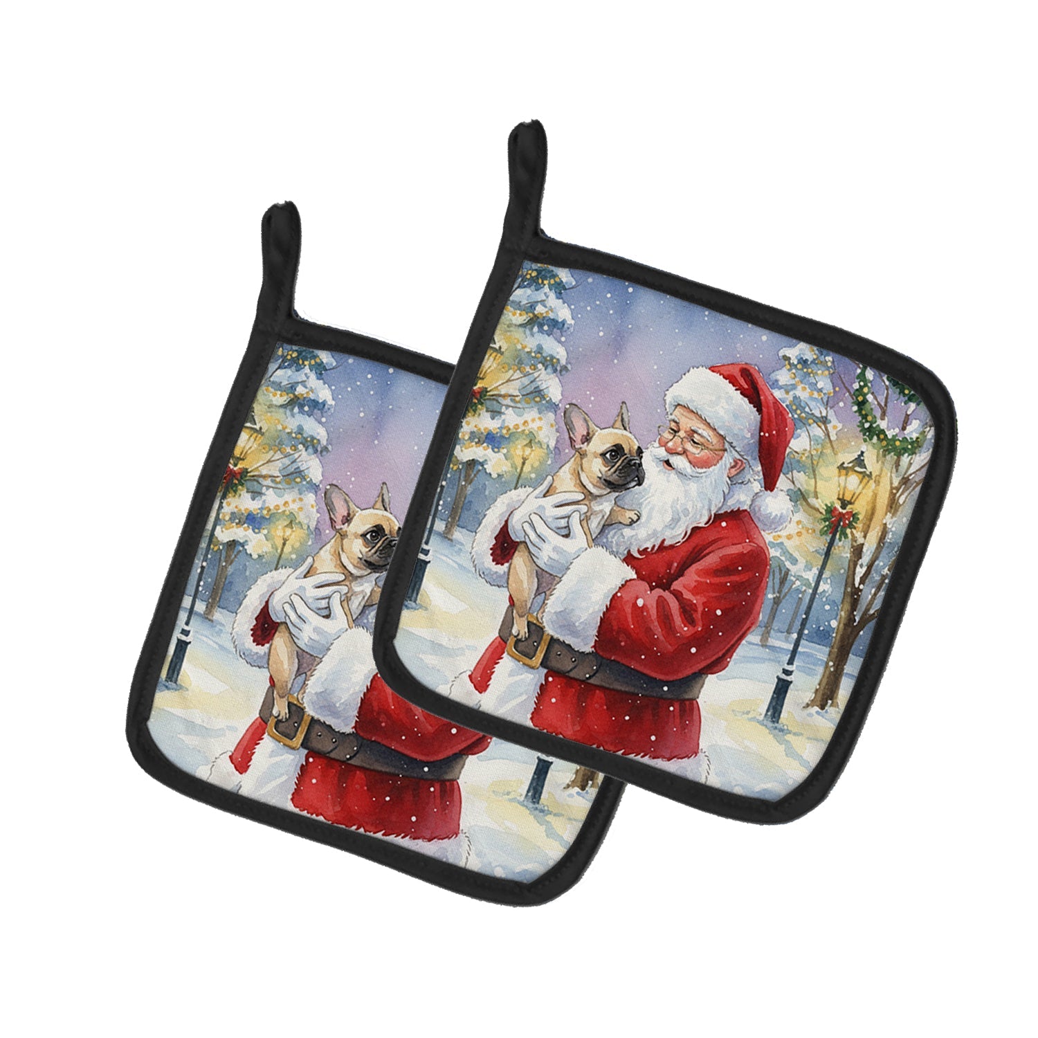 French Bulldog with Santa Claus Pot Holder Set of 2 Heat Resistant Quilted Hot Pads 7.5 x 7.5 Inch, Insulated Kitchen Trivets for Cooking & Baking