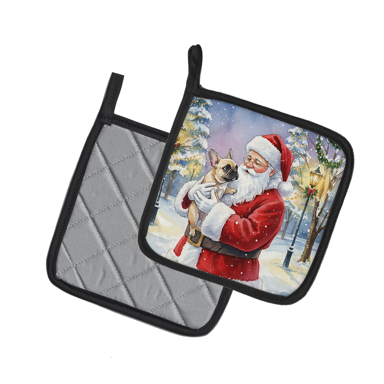 French Bulldog with Santa Claus Pot Holder Set of 2 Heat Resistant Quilted Hot Pads 7.5 x 7.5 Inch, Insulated Kitchen Trivets for Cooking & Baking