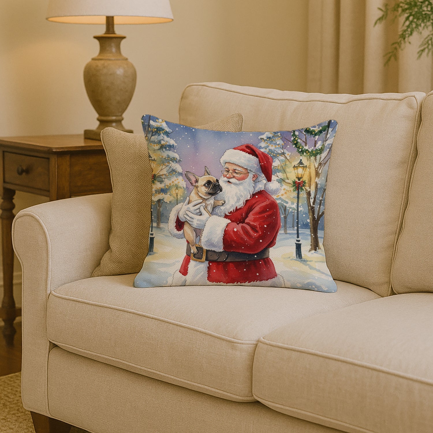 French Bulldog with Santa Claus Decorative Throw Pillow 14x14 Indoor Outdoor Accent Cushion, Fabric Cover with Insert for Sofa, Bed, Porch & Living Room