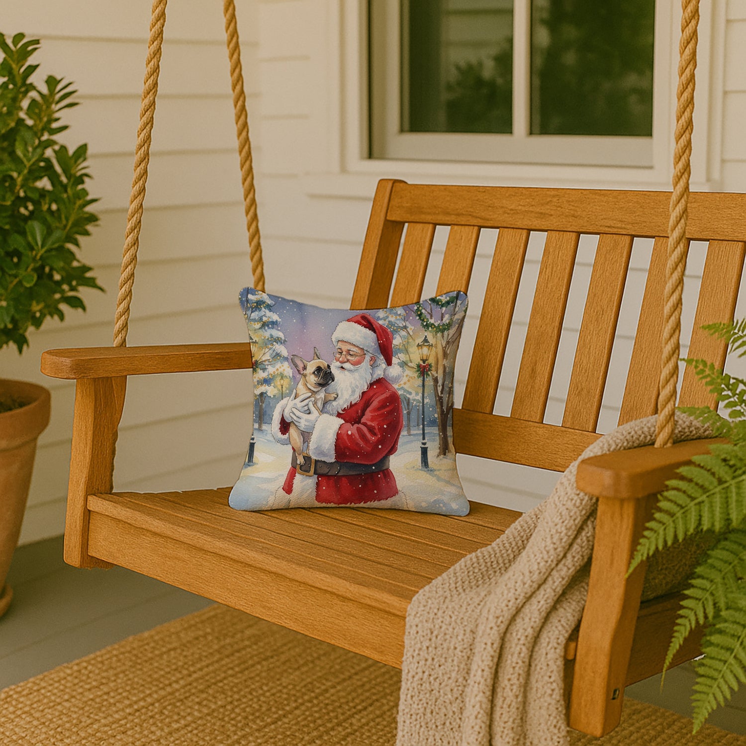 French Bulldog with Santa Claus Decorative Throw Pillow 14x14 Indoor Outdoor Accent Cushion, Fabric Cover with Insert for Sofa, Bed, Porch & Living Room
