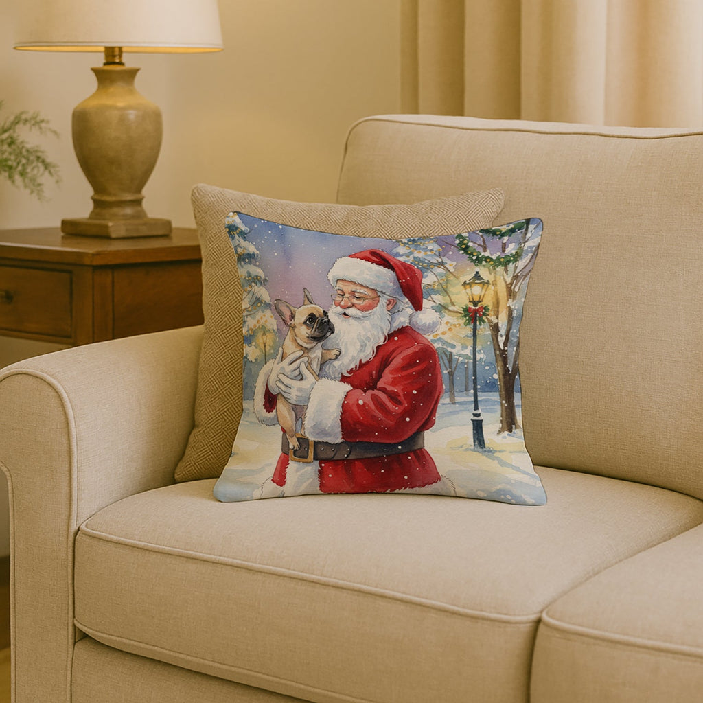 French Bulldog with Santa Claus Decorative Throw Pillow 18x18 Indoor Outdoor Accent Cushion, Fabric Cover with Insert for Sofa, Bed, Porch & Living Room