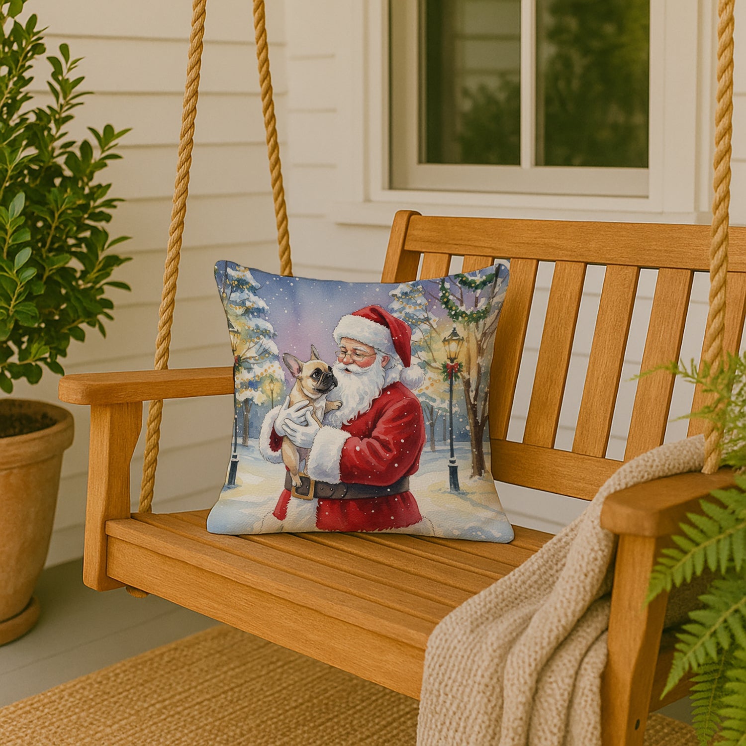 French Bulldog with Santa Claus Decorative Throw Pillow 18x18 Indoor Outdoor Accent Cushion, Fabric Cover with Insert for Sofa, Bed, Porch & Living Room