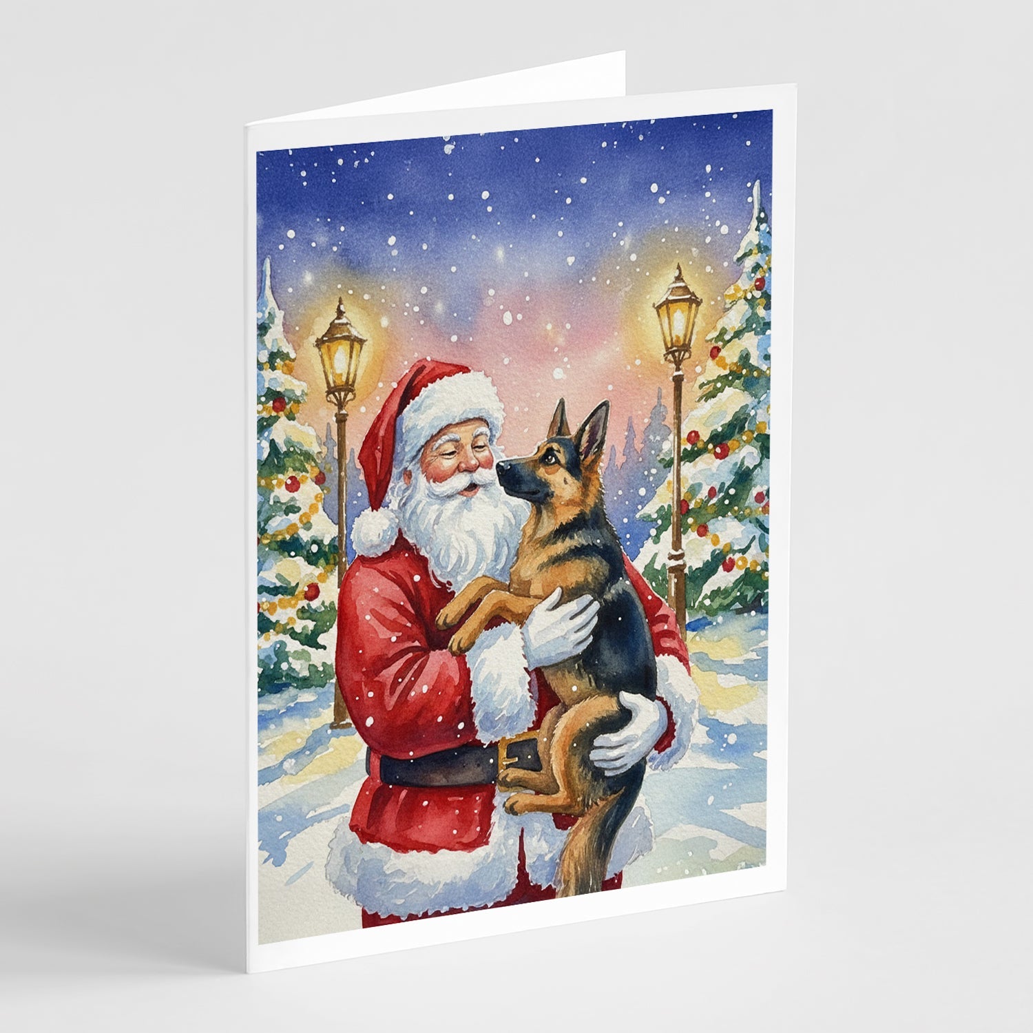 German Shepherd with Santa Claus Greeting Cards Pack of 8 Blank Cards with Envelopes Whimsical A7 Size 5x7