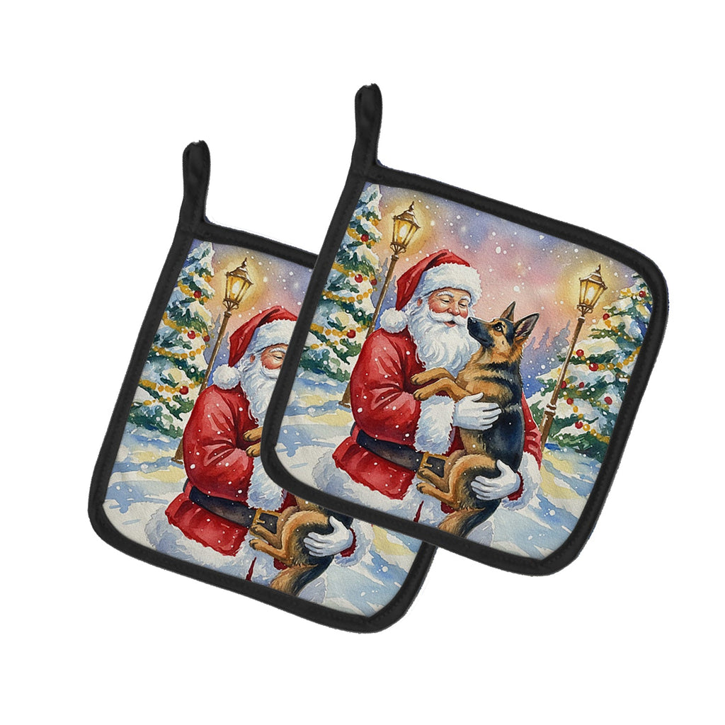 German Shepherd with Santa Claus Pot Holder Set of 2 Heat Resistant Quilted Hot Pads 7.5 x 7.5 Inch, Insulated Kitchen Trivets for Cooking & Baking