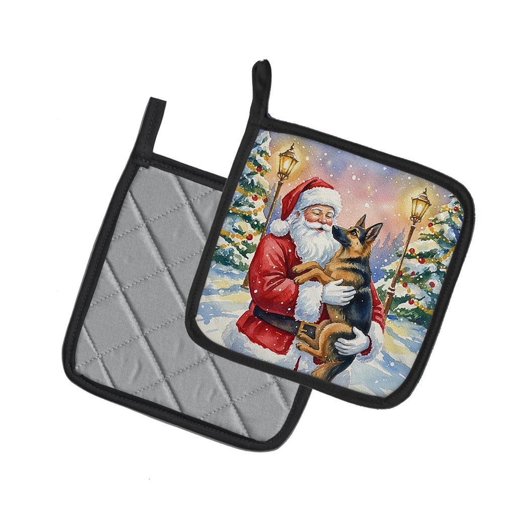 German Shepherd with Santa Claus Pot Holder Set of 2 Heat Resistant Quilted Hot Pads 7.5 x 7.5 Inch, Insulated Kitchen Trivets for Cooking & Baking