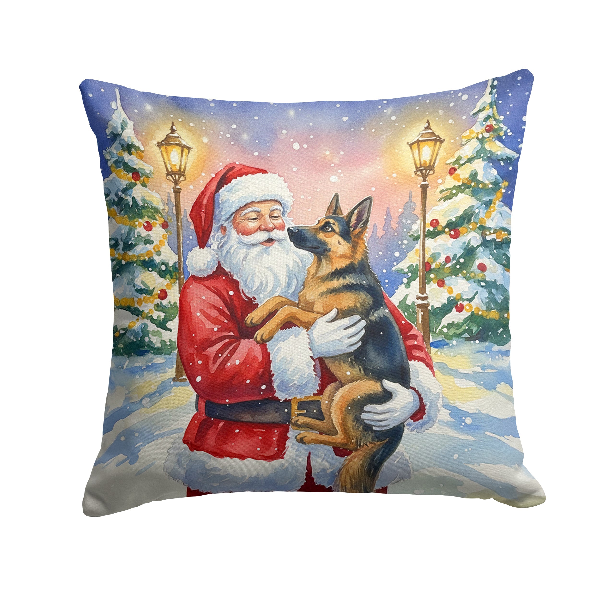 German Shepherd with Santa Claus Decorative Throw Pillow 14x14 Indoor Outdoor Accent Cushion, Fabric Cover with Insert for Sofa, Bed, Porch & Living Room