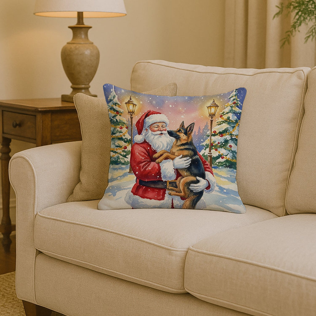 German Shepherd with Santa Claus Decorative Throw Pillow 14x14 Indoor Outdoor Accent Cushion, Fabric Cover with Insert for Sofa, Bed, Porch & Living Room