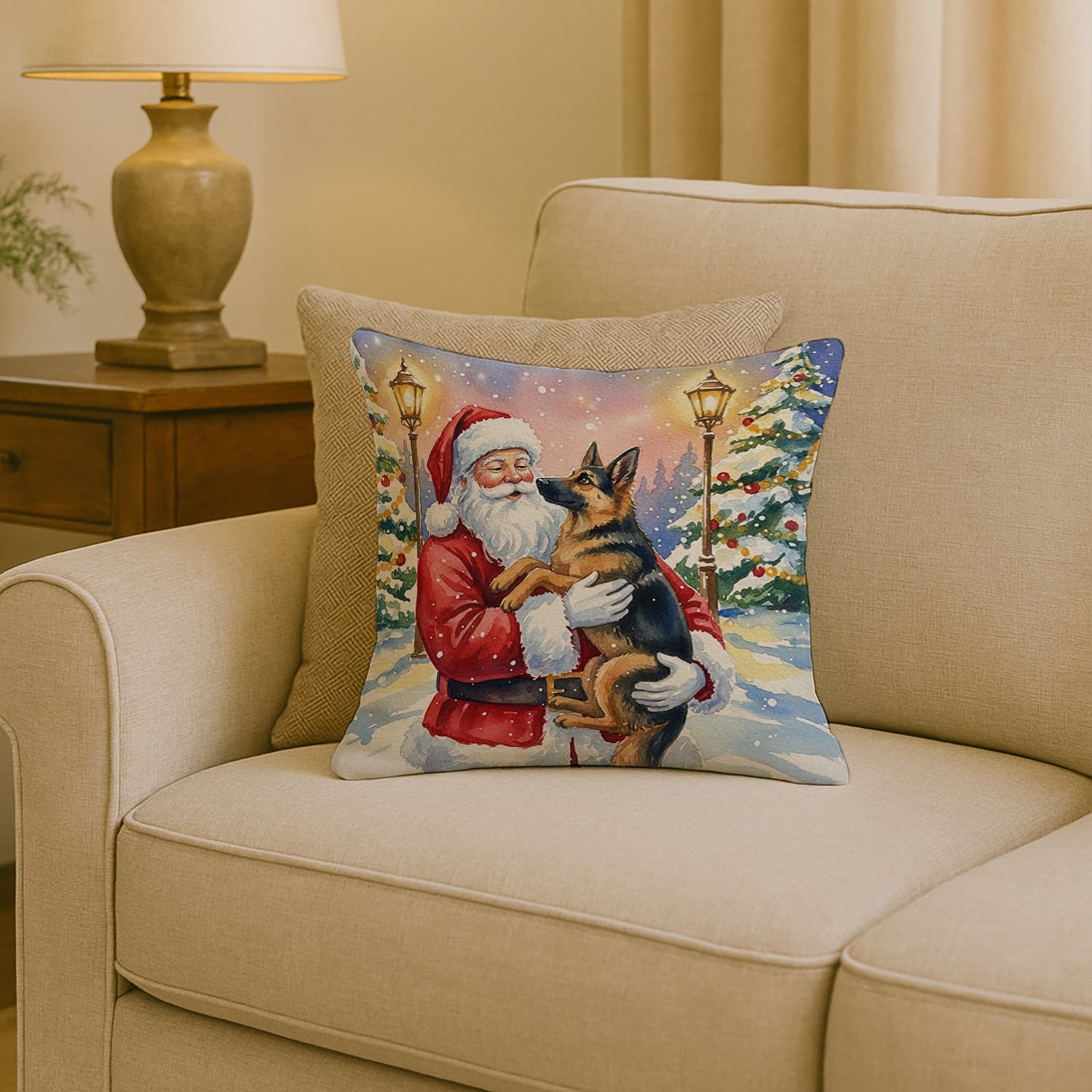 German Shepherd with Santa Claus Decorative Throw Pillow 18x18 Indoor Outdoor Accent Cushion, Fabric Cover with Insert for Sofa, Bed, Porch & Living Room