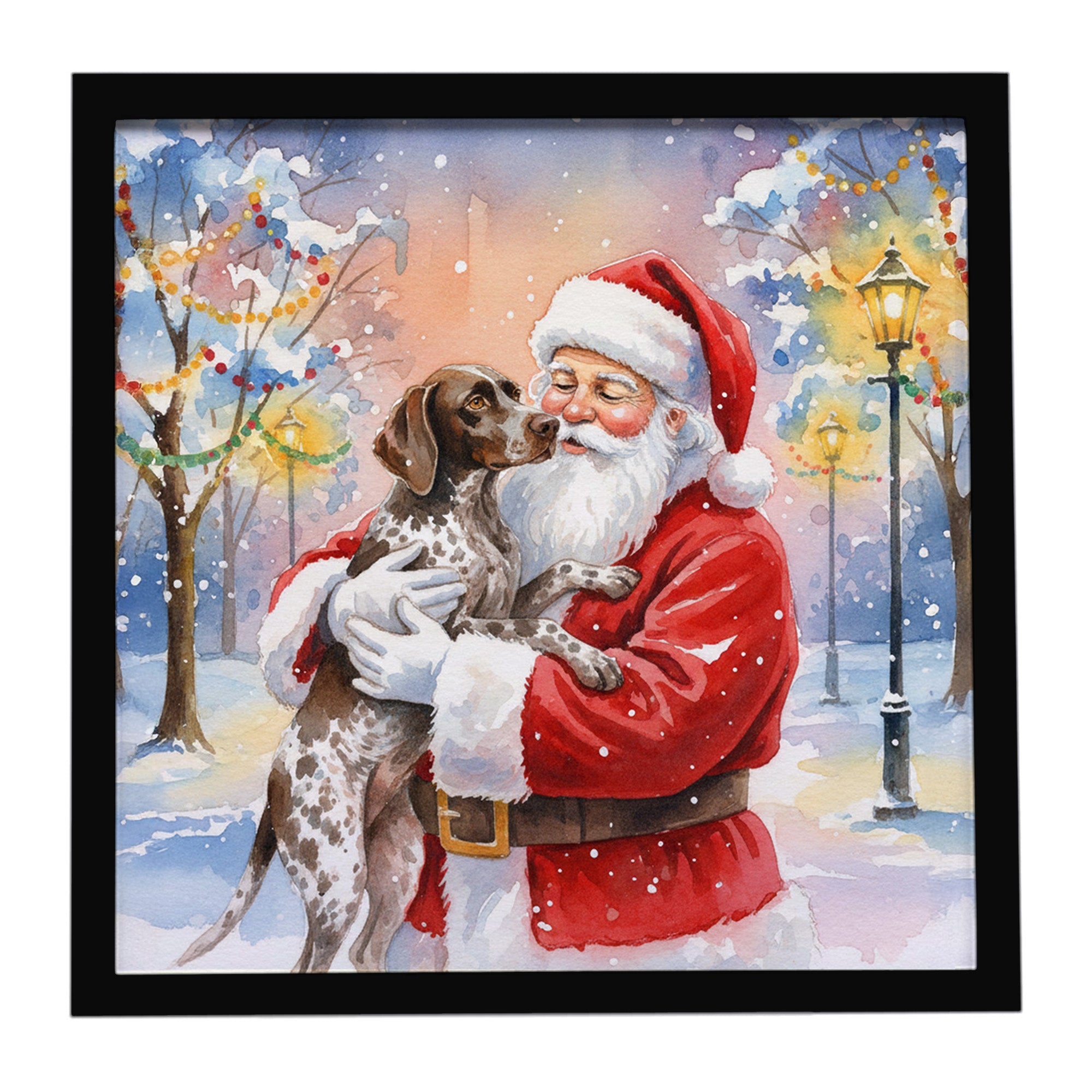 German Shorthaired Pointer with Santa Claus Framed Metal Print Bathroom, Kitchen, Office, Home Decor Wall Art Ready to Hang, Square, 8X8