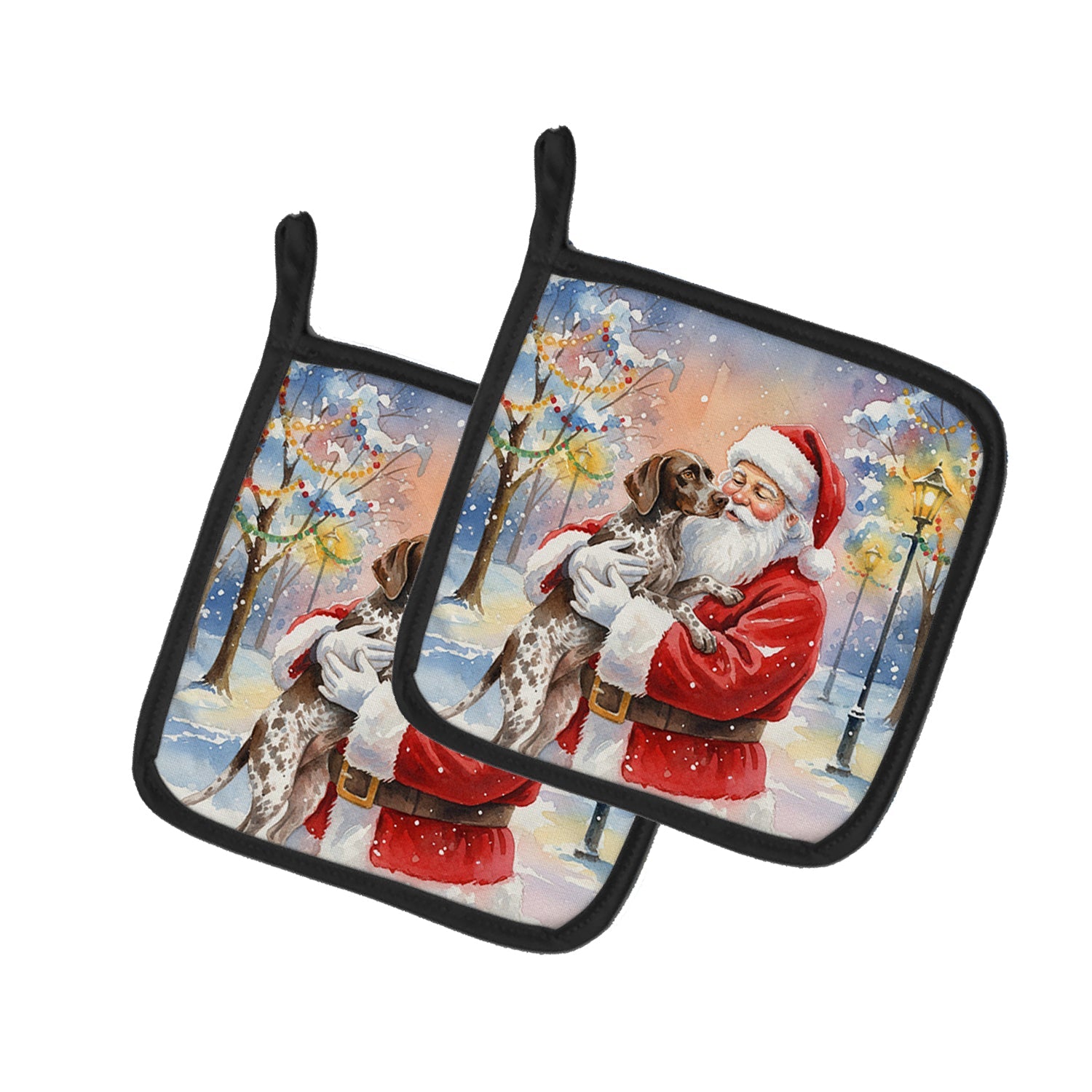 German Shorthaired Pointer with Santa Claus Pot Holder Set of 2 Heat Resistant Quilted Hot Pads 7.5 x 7.5 Inch, Insulated Kitchen Trivets for Cooking & Baking