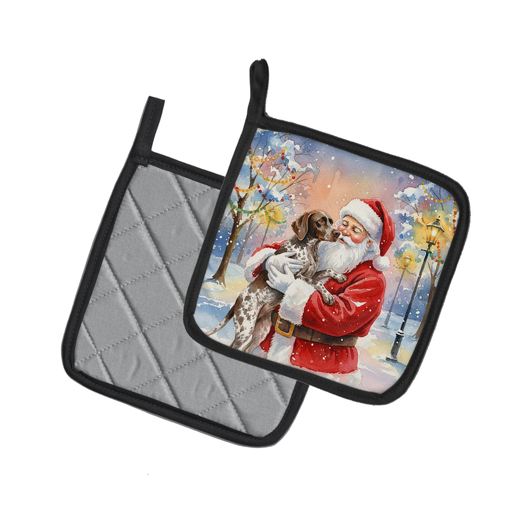 German Shorthaired Pointer with Santa Claus Pot Holder Set of 2 Heat Resistant Quilted Hot Pads 7.5 x 7.5 Inch, Insulated Kitchen Trivets for Cooking & Baking