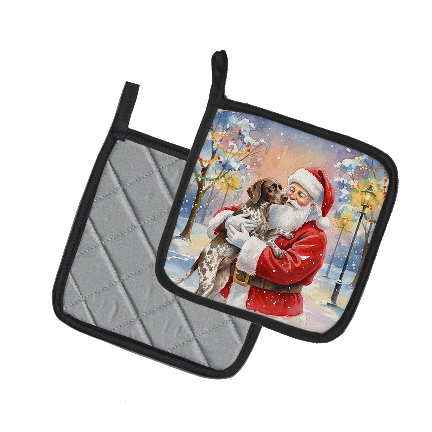 German Shorthaired Pointer with Santa Claus Pot Holder Set of 2 Heat Resistant Quilted Hot Pads 7.5 x 7.5 Inch, Insulated Kitchen Trivets for Cooking & Baking