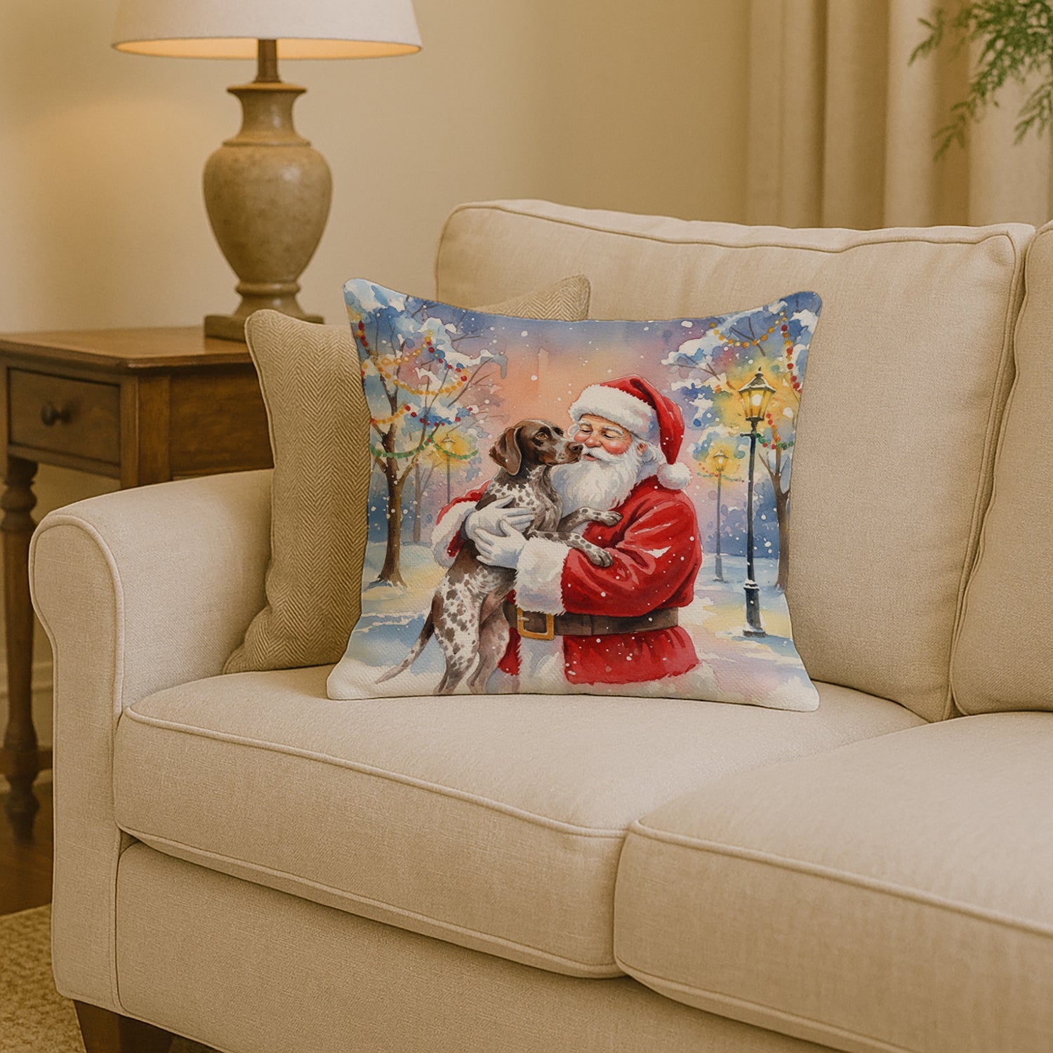 German Shorthaired Pointer with Santa Claus Decorative Throw Pillow 14x14 Indoor Outdoor Accent Cushion, Fabric Cover with Insert for Sofa, Bed, Porch & Living Room
