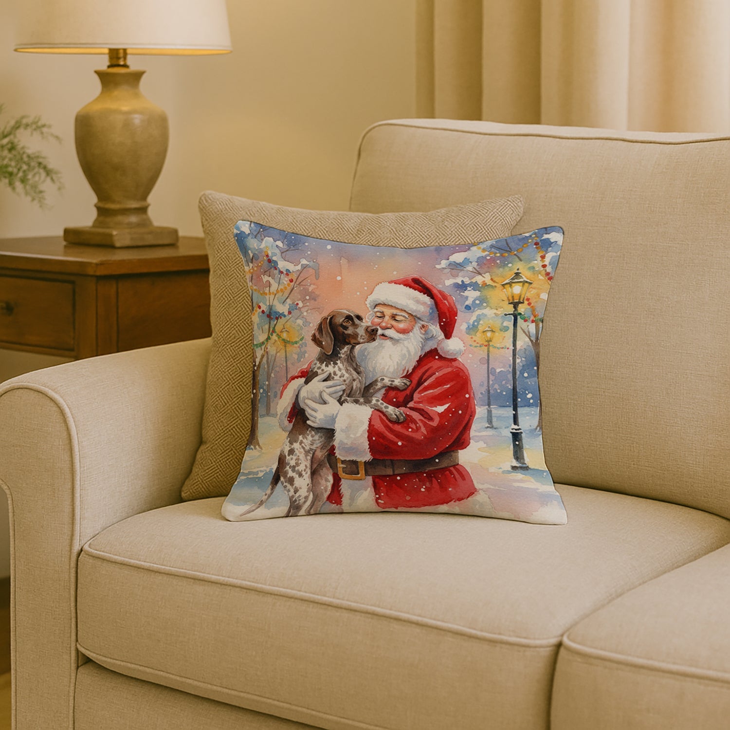 German Shorthaired Pointer with Santa Claus Decorative Throw Pillow 18x18 Indoor Outdoor Accent Cushion, Fabric Cover with Insert for Sofa, Bed, Porch & Living Room