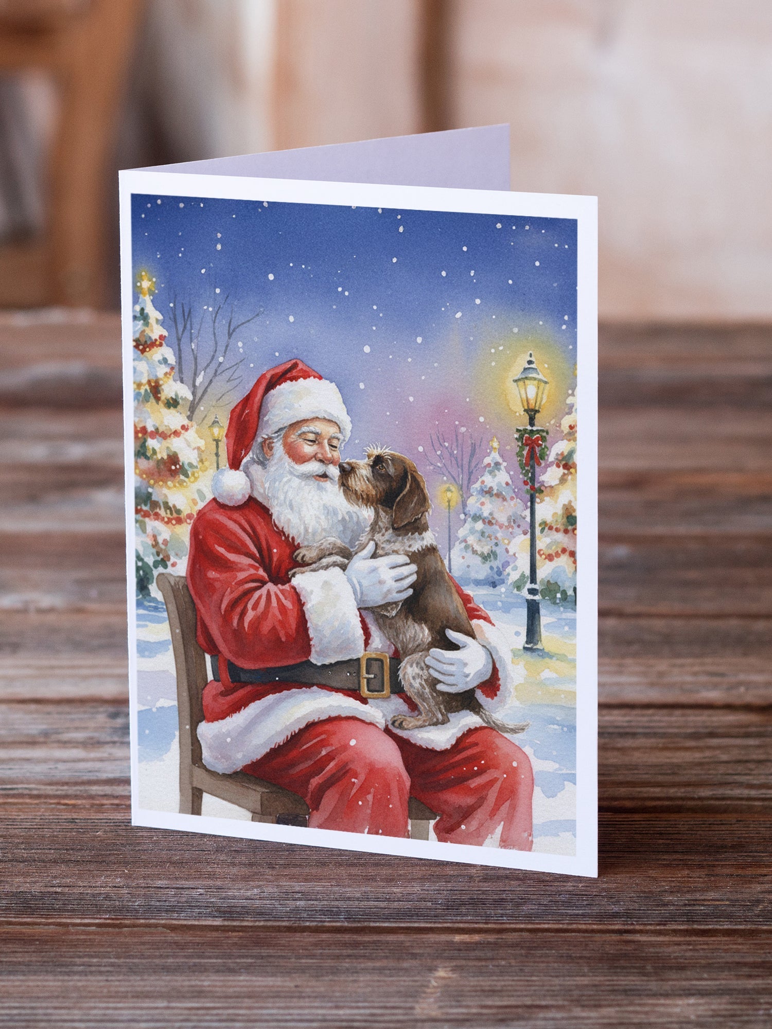 German Wirehaired Pointer with Santa Claus Greeting Cards Pack of 8 Blank Cards with Envelopes Whimsical A7 Size 5x7