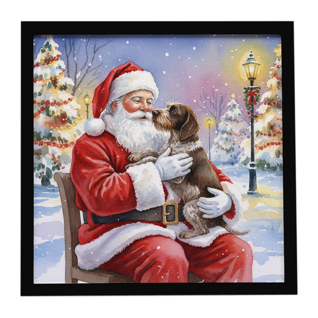 German Wirehaired Pointer with Santa Claus Framed Metal Print Bathroom, Kitchen, Office, Home Decor Wall Art Ready to Hang, Square, 8X8