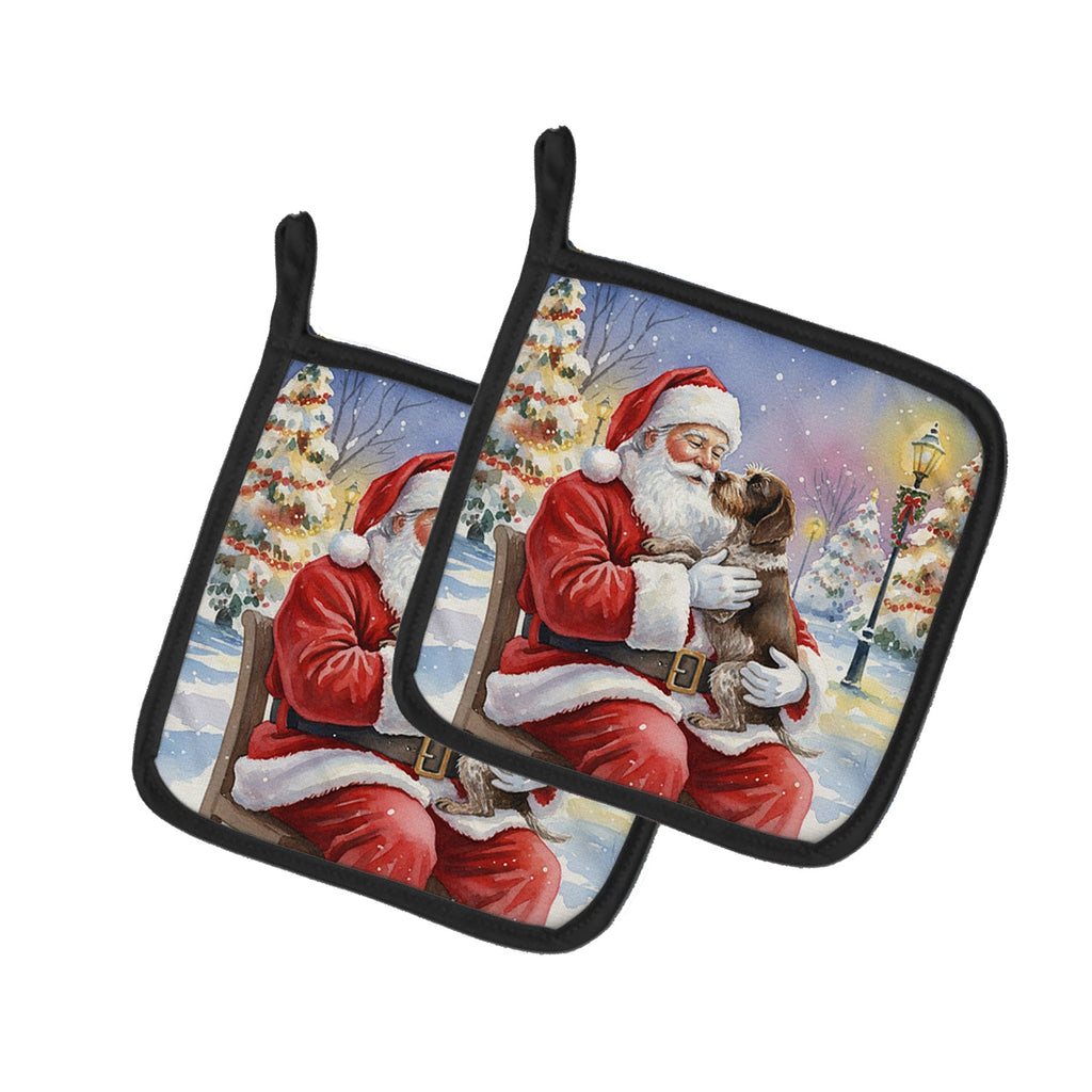 German Wirehaired Pointer with Santa Claus Pot Holder Set of 2 Heat Resistant Quilted Hot Pads 7.5 x 7.5 Inch, Insulated Kitchen Trivets for Cooking & Baking