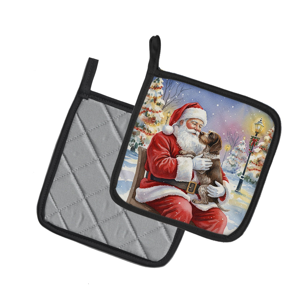 German Wirehaired Pointer with Santa Claus Pot Holder Set of 2 Heat Resistant Quilted Hot Pads 7.5 x 7.5 Inch, Insulated Kitchen Trivets for Cooking & Baking
