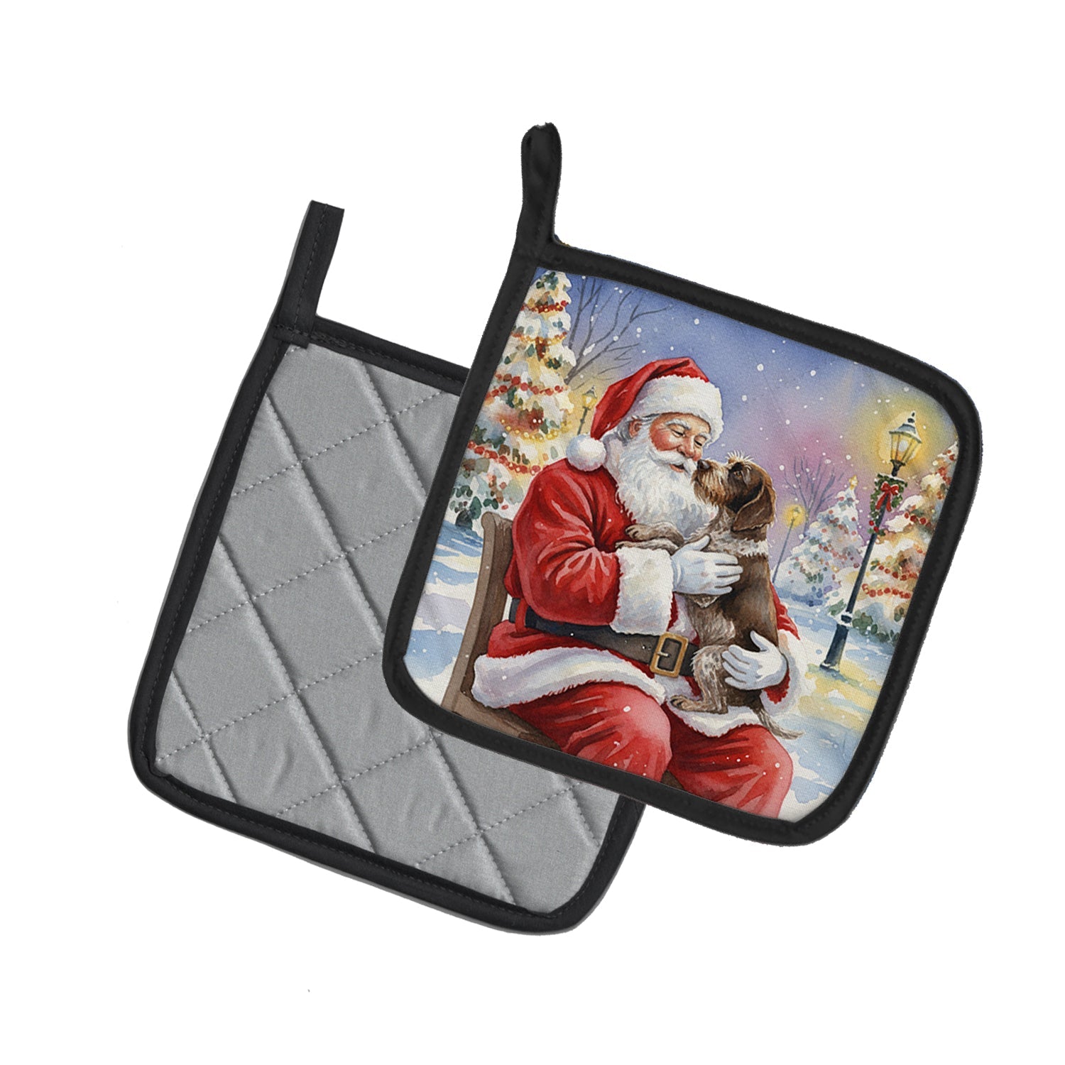 German Wirehaired Pointer with Santa Claus Pot Holder Set of 2 Heat Resistant Quilted Hot Pads 7.5 x 7.5 Inch, Insulated Kitchen Trivets for Cooking & Baking