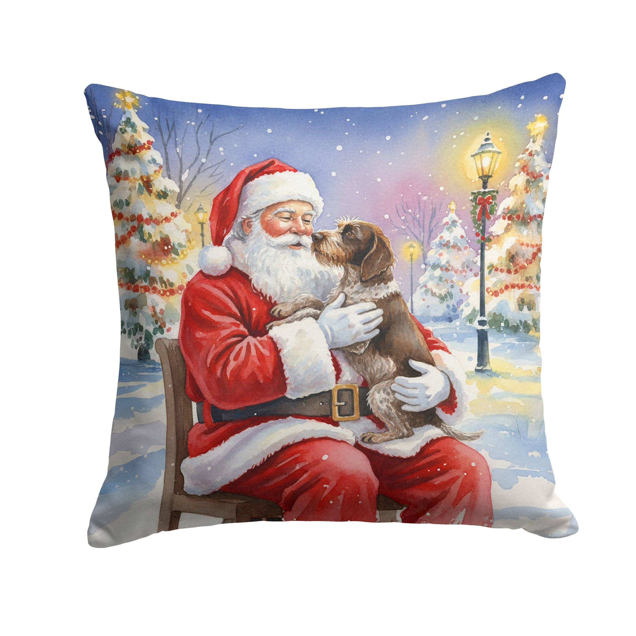 German Wirehaired Pointer with Santa Claus Decorative Throw Pillow 14x14 Indoor Outdoor Accent Cushion, Fabric Cover with Insert for Sofa, Bed, Porch & Living Room