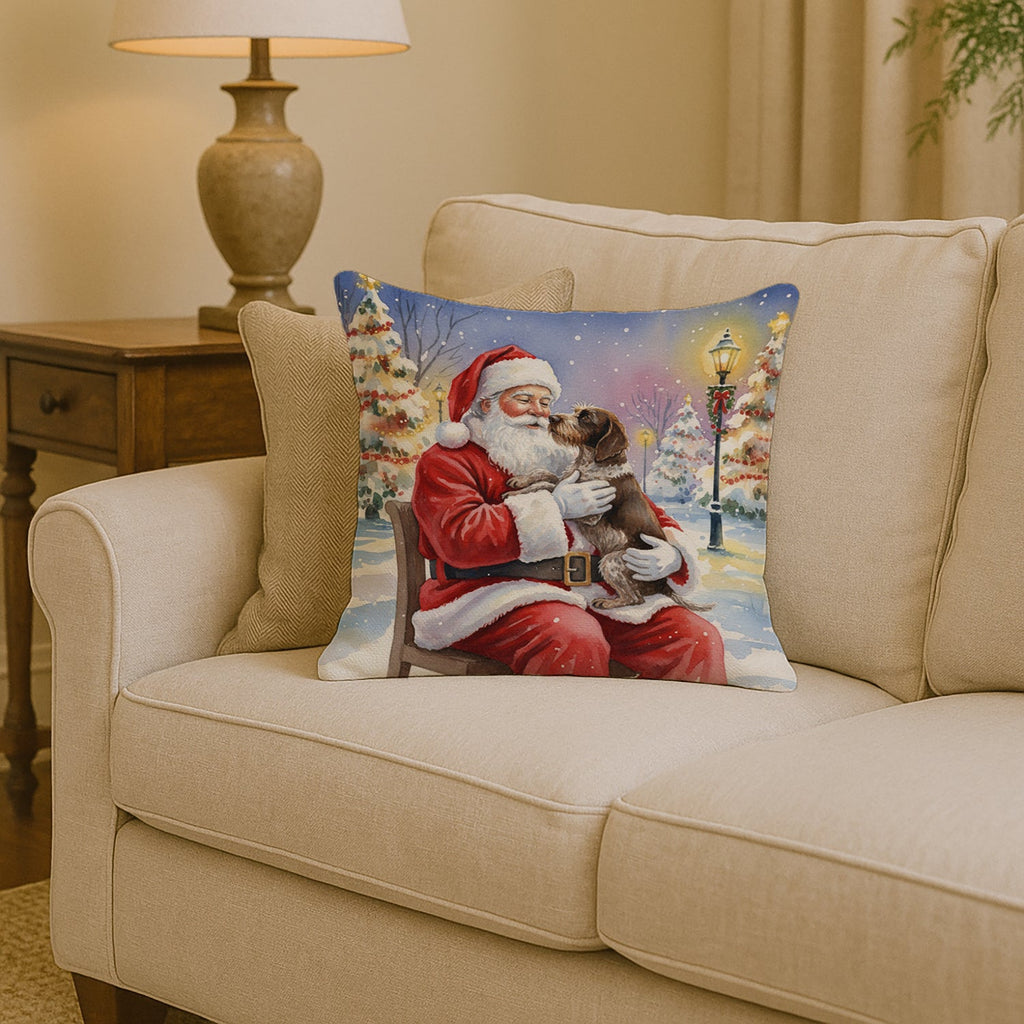 German Wirehaired Pointer with Santa Claus Decorative Throw Pillow 14x14 Indoor Outdoor Accent Cushion, Fabric Cover with Insert for Sofa, Bed, Porch & Living Room