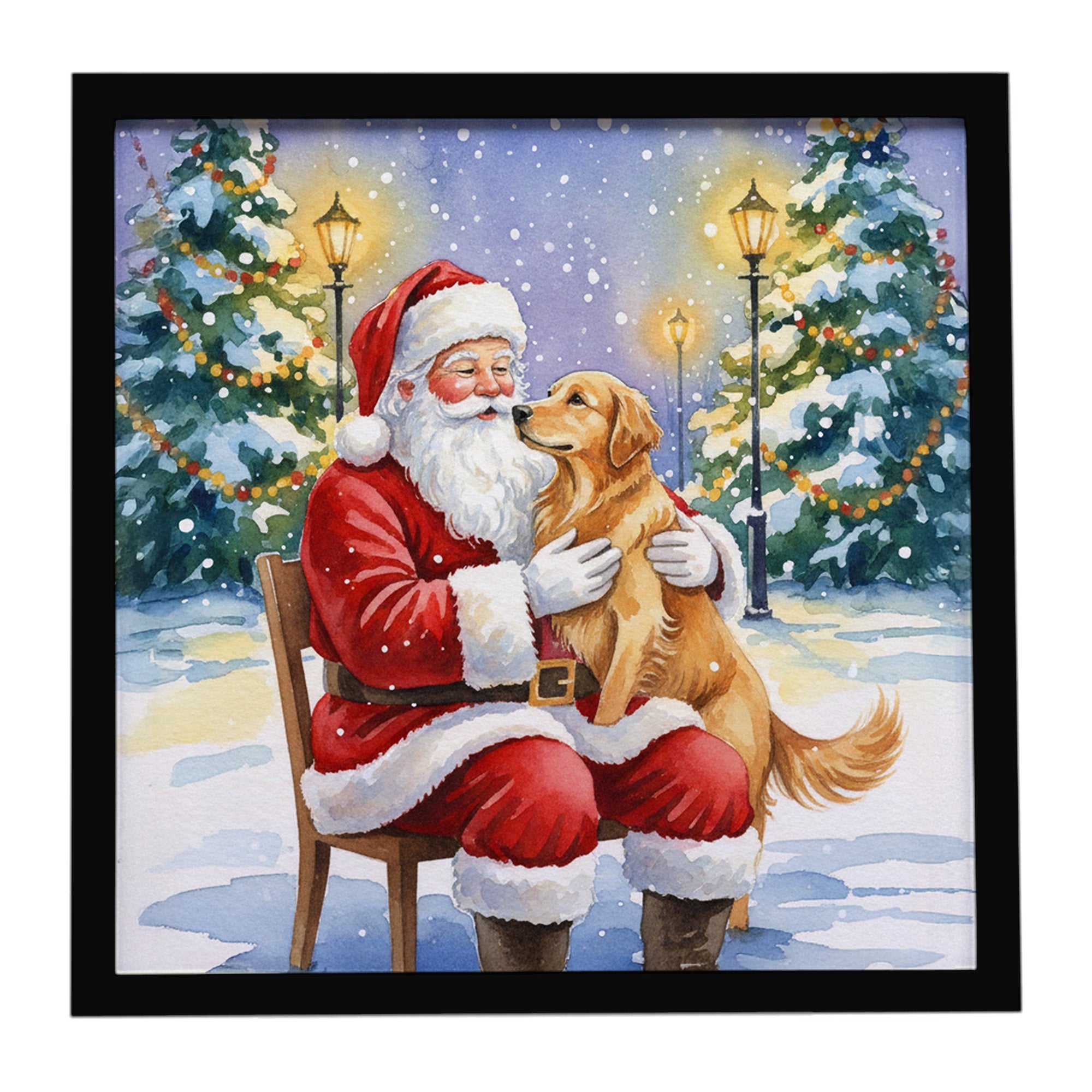 Golden Retriever with Santa Claus Framed Metal Print Bathroom, Kitchen, Office, Home Decor Wall Art Ready to Hang, Square, 8X8