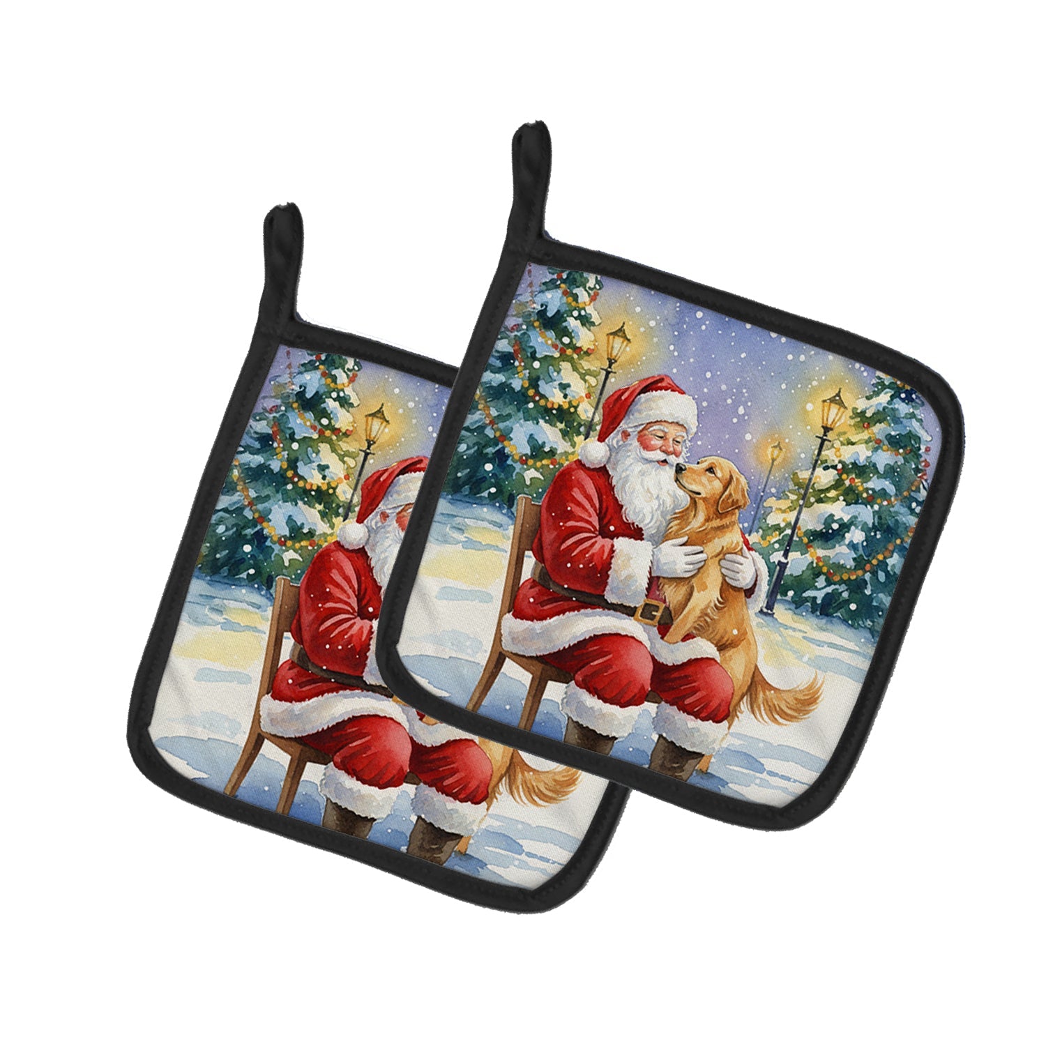 Golden Retriever with Santa Claus Pot Holder Set of 2 Heat Resistant Quilted Hot Pads 7.5 x 7.5 Inch, Insulated Kitchen Trivets for Cooking & Baking