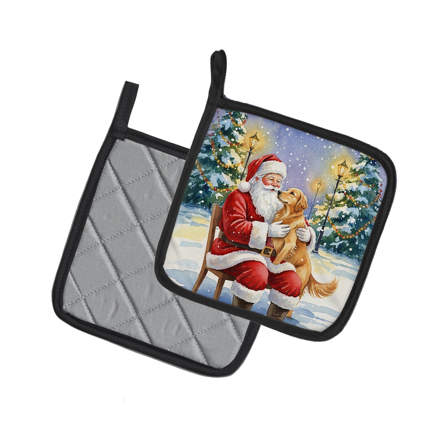 Golden Retriever with Santa Claus Pot Holder Set of 2 Heat Resistant Quilted Hot Pads 7.5 x 7.5 Inch, Insulated Kitchen Trivets for Cooking & Baking