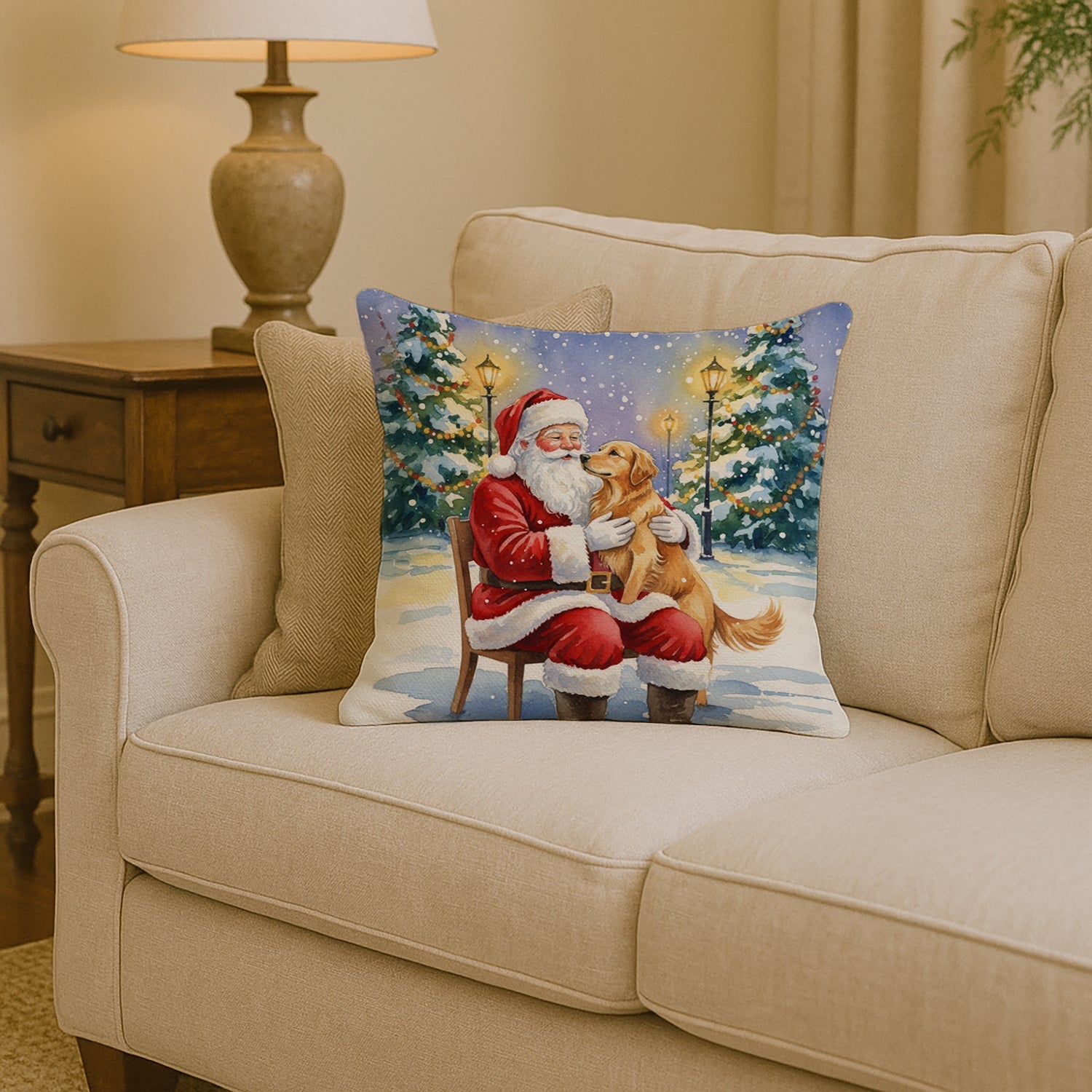 Golden Retriever with Santa Claus Decorative Throw Pillow 14x14 Indoor Outdoor Accent Cushion, Fabric Cover with Insert for Sofa, Bed, Porch & Living Room