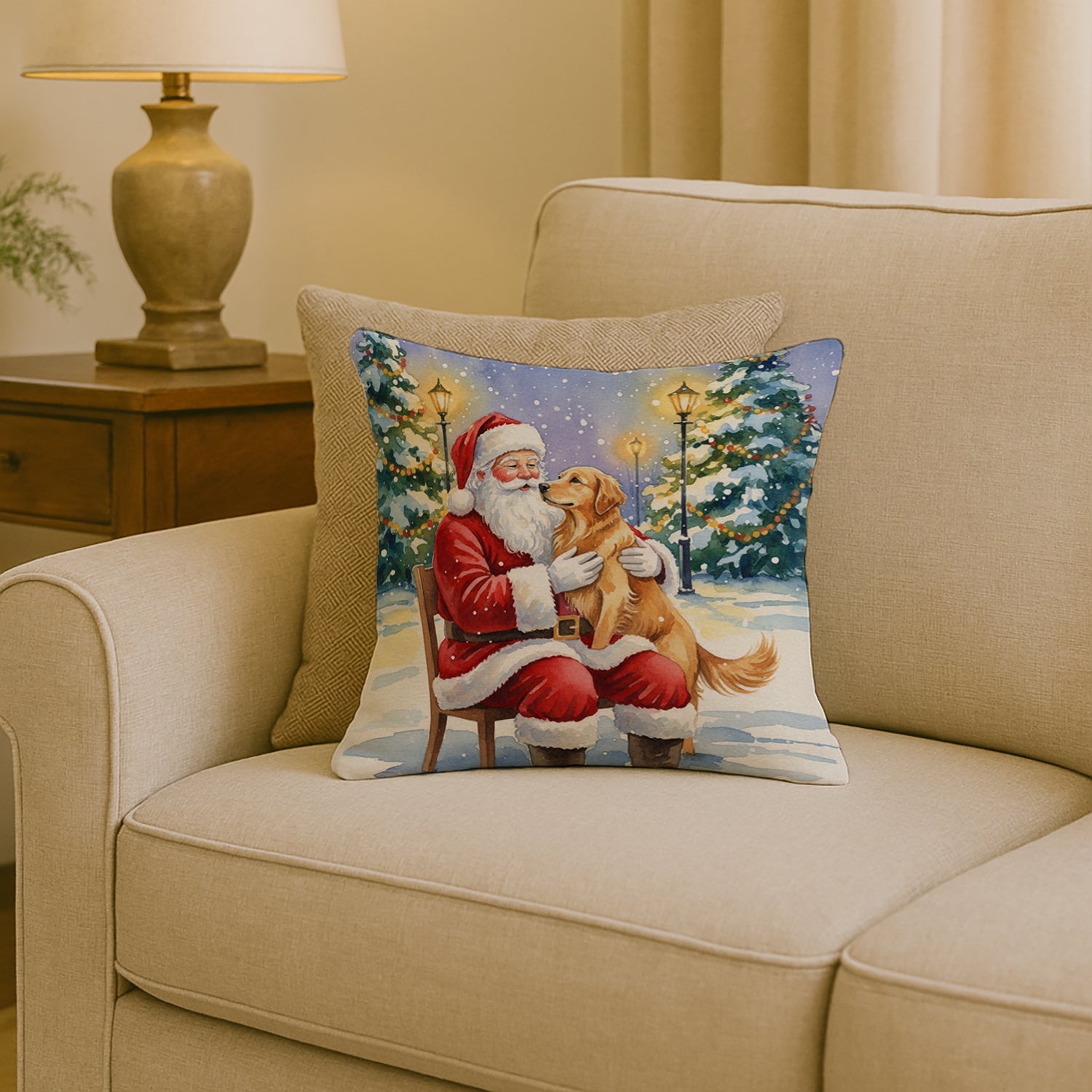 Golden Retriever with Santa Claus Decorative Throw Pillow 18x18 Indoor Outdoor Accent Cushion, Fabric Cover with Insert for Sofa, Bed, Porch & Living Room