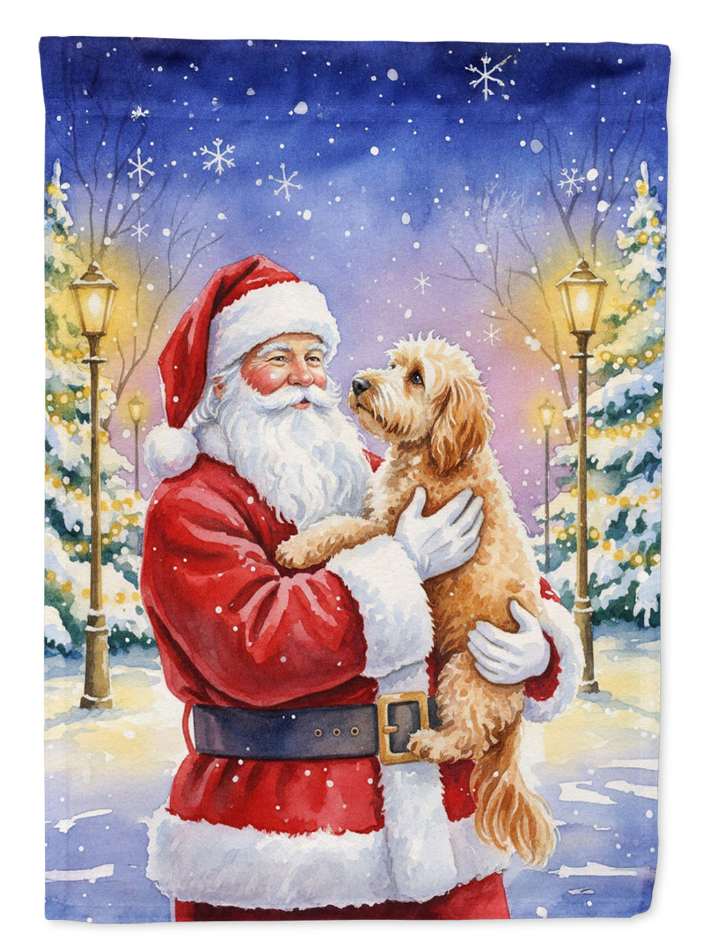 Goldendoodle with Santa Claus House Flag 28x40 Porch Sleeve Pole Decorative Outside Yard Banner Artwork Wall Hanging, Polyester