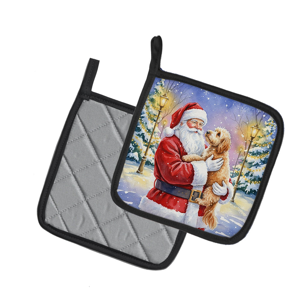 Goldendoodle with Santa Claus Pot Holder Set of 2 Heat Resistant Quilted Hot Pads 7.5 x 7.5 Inch, Insulated Kitchen Trivets for Cooking & Baking