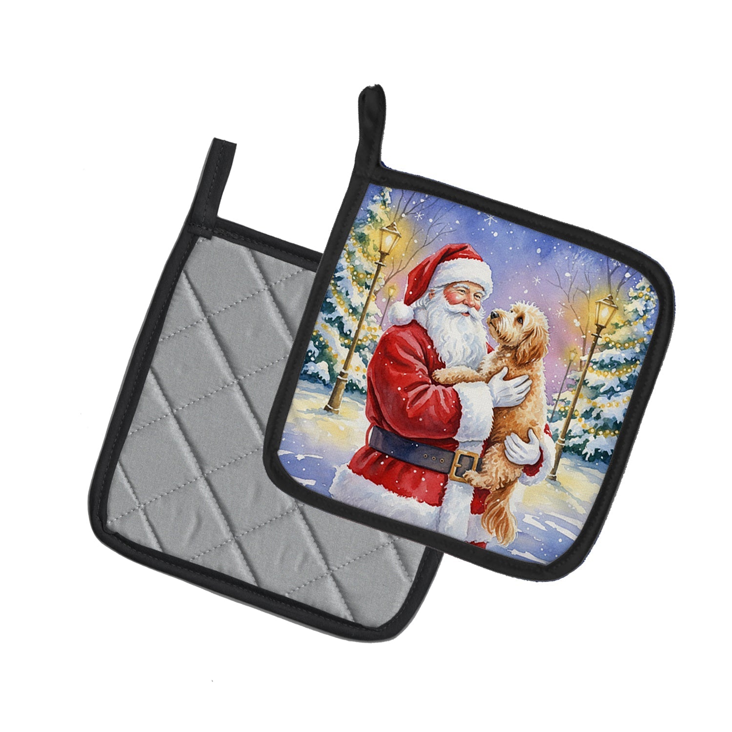 Goldendoodle with Santa Claus Pot Holder Set of 2 Heat Resistant Quilted Hot Pads 7.5 x 7.5 Inch, Insulated Kitchen Trivets for Cooking & Baking