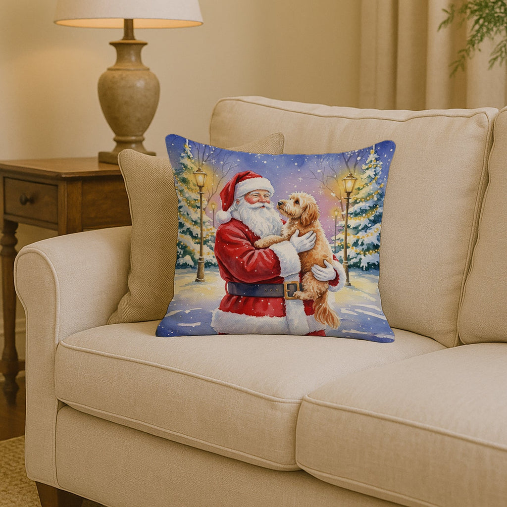 Goldendoodle with Santa Claus Decorative Throw Pillow 14x14 Indoor Outdoor Accent Cushion, Fabric Cover with Insert for Sofa, Bed, Porch & Living Room