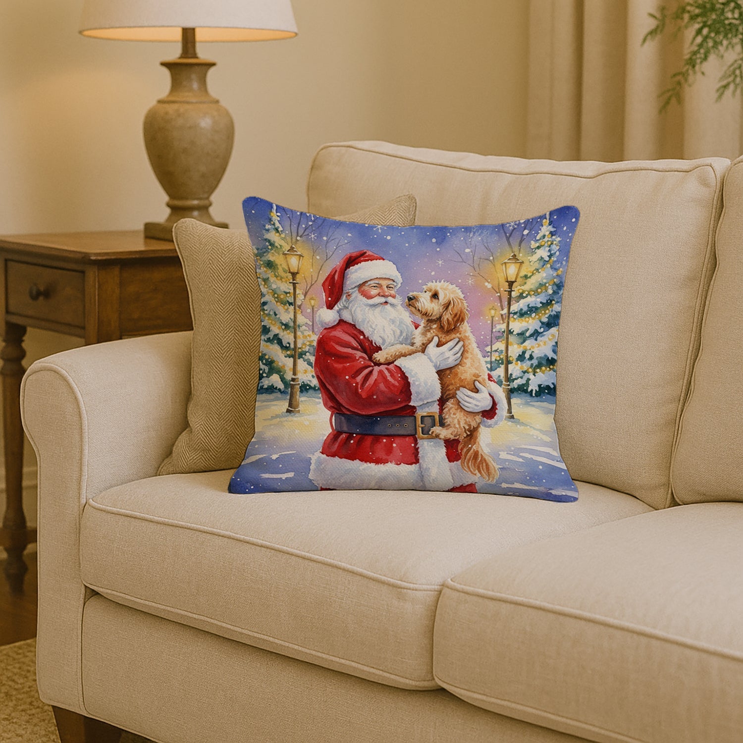 Goldendoodle with Santa Claus Decorative Throw Pillow 14x14 Indoor Outdoor Accent Cushion, Fabric Cover with Insert for Sofa, Bed, Porch & Living Room