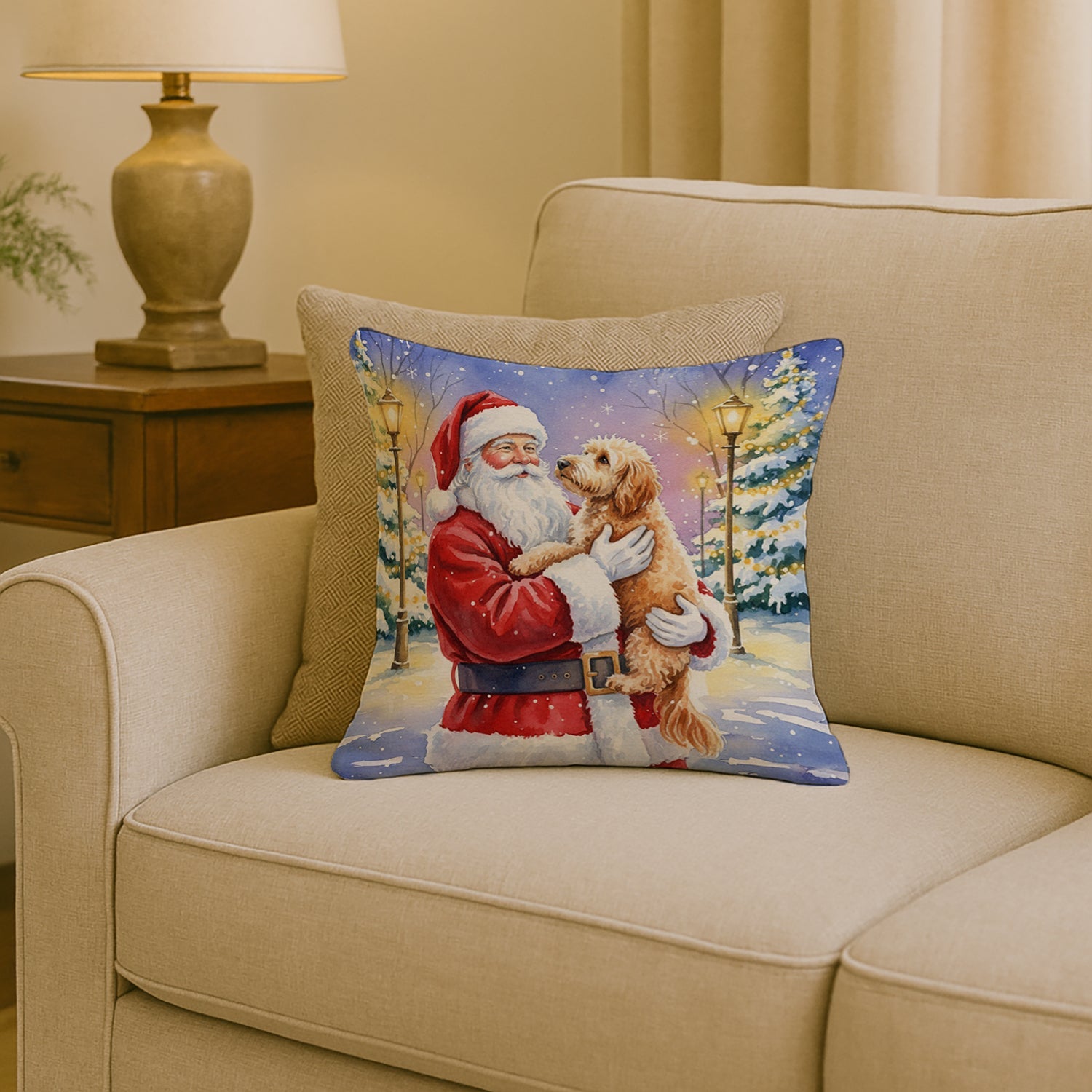 Goldendoodle with Santa Claus Decorative Throw Pillow 18x18 Indoor Outdoor Accent Cushion, Fabric Cover with Insert for Sofa, Bed, Porch & Living Room