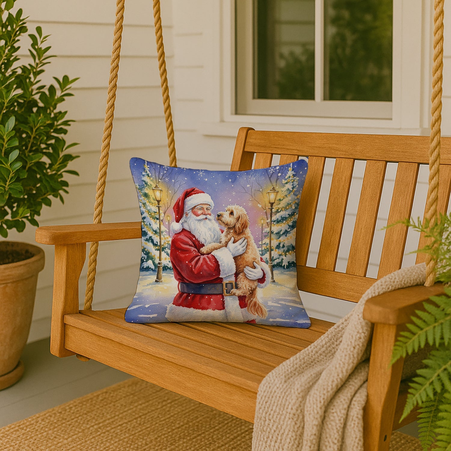 Goldendoodle with Santa Claus Decorative Throw Pillow 18x18 Indoor Outdoor Accent Cushion, Fabric Cover with Insert for Sofa, Bed, Porch & Living Room
