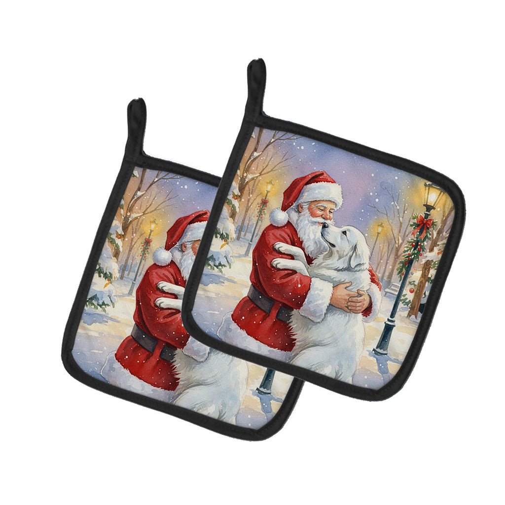 Great Pyrenees with Santa Claus Pot Holder Set of 2 Heat Resistant Quilted Hot Pads 7.5 x 7.5 Inch, Insulated Kitchen Trivets for Cooking & Baking