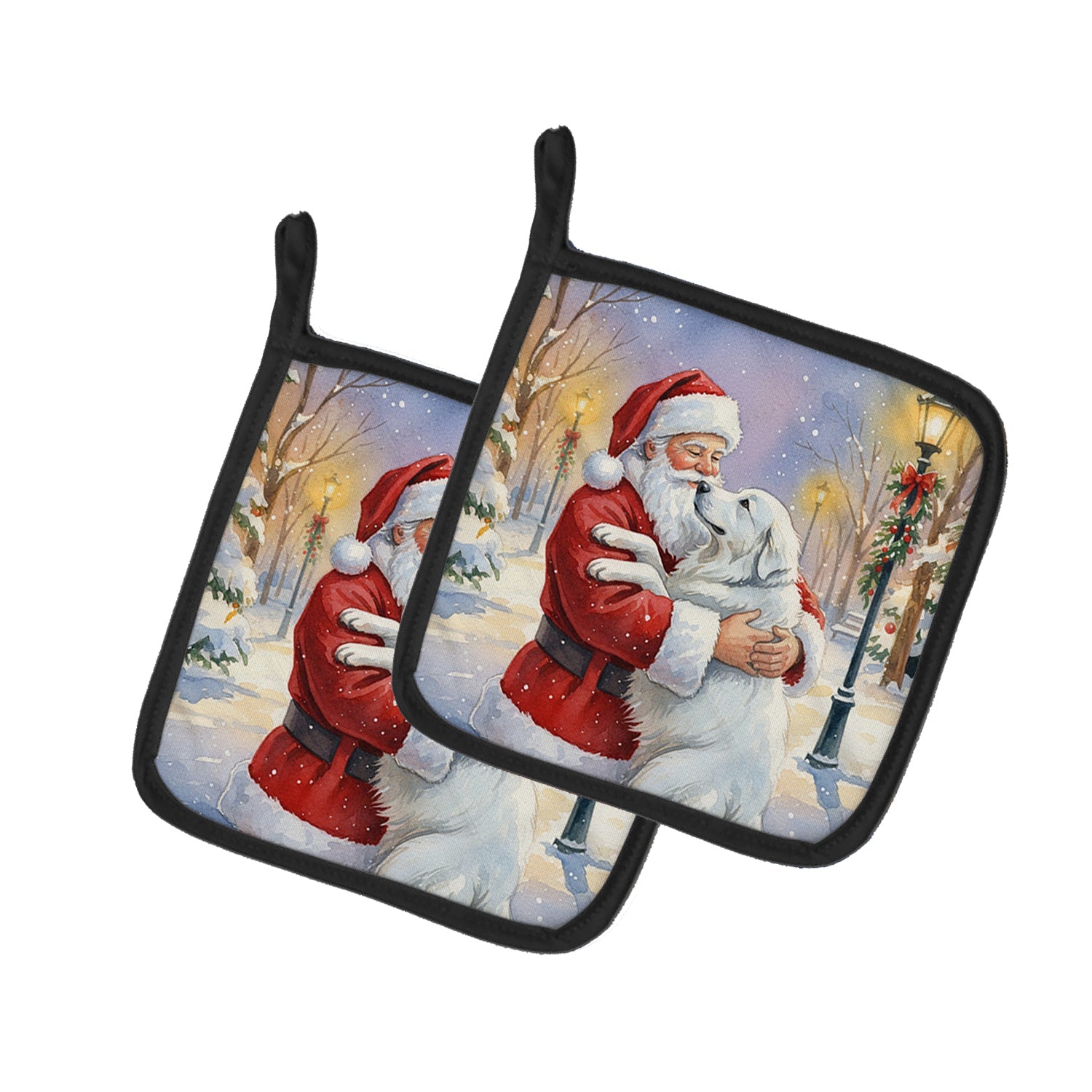 Great Pyrenees with Santa Claus Pot Holder Set of 2 Heat Resistant Quilted Hot Pads 7.5 x 7.5 Inch, Insulated Kitchen Trivets for Cooking & Baking