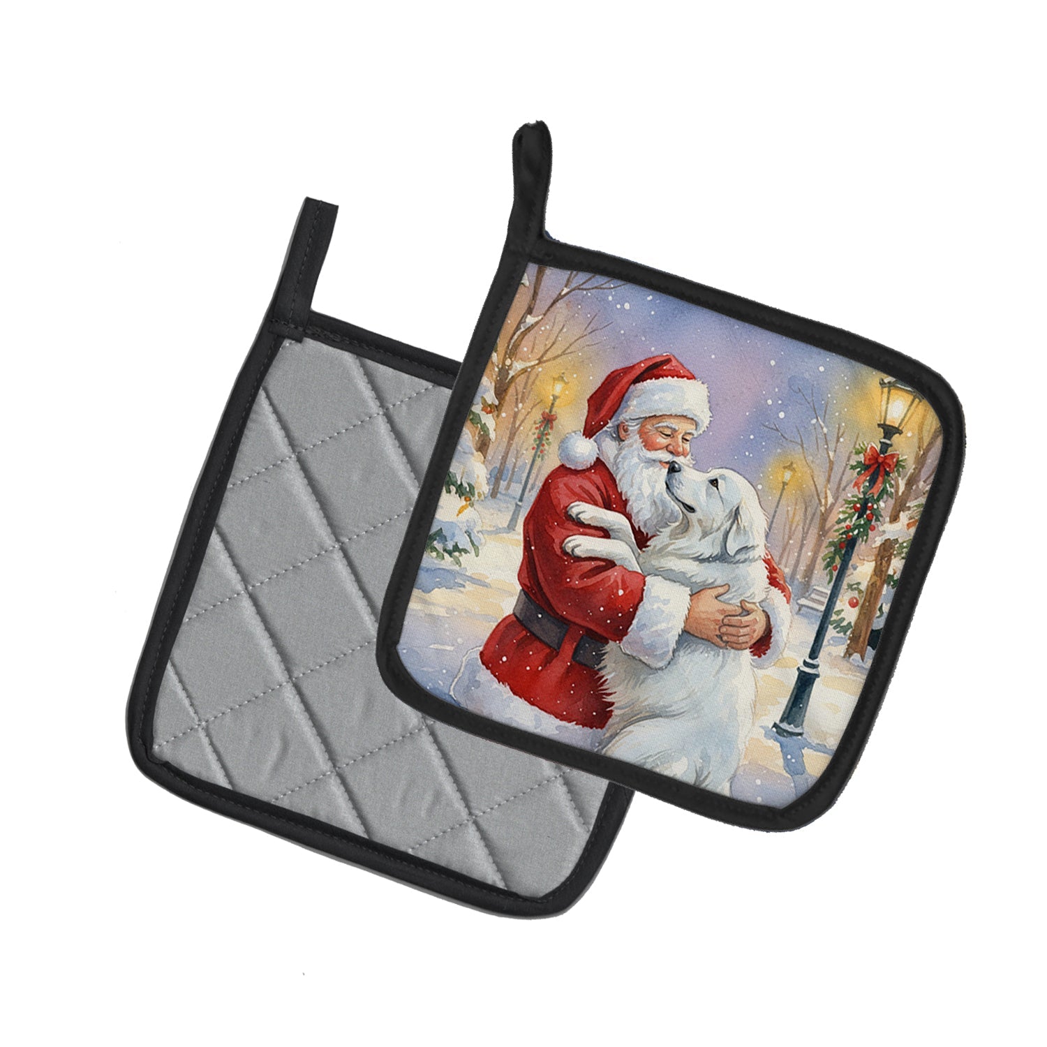 Great Pyrenees with Santa Claus Pot Holder Set of 2 Heat Resistant Quilted Hot Pads 7.5 x 7.5 Inch, Insulated Kitchen Trivets for Cooking & Baking