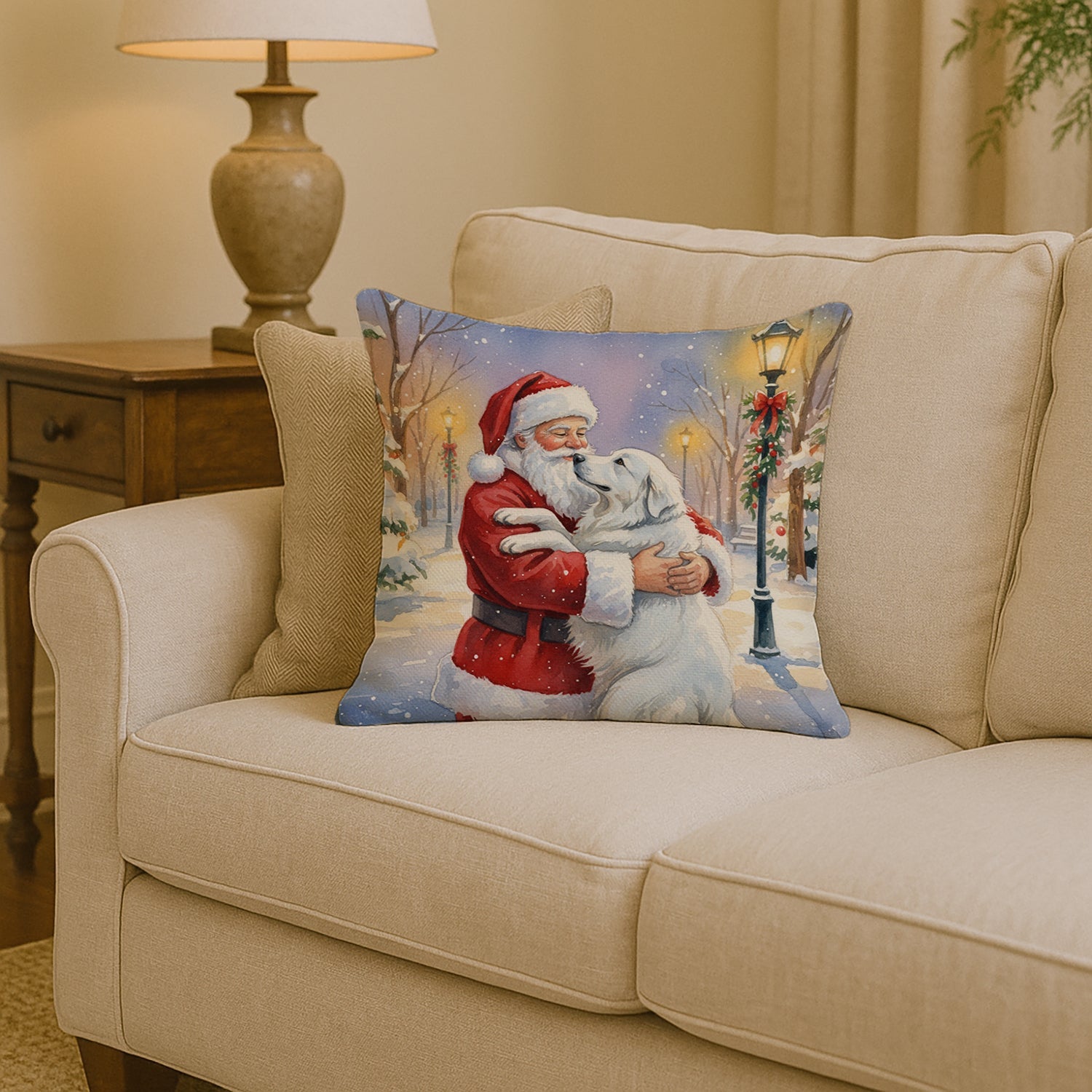 Great Pyrenees with Santa Claus Decorative Throw Pillow 14x14 Indoor Outdoor Accent Cushion, Fabric Cover with Insert for Sofa, Bed, Porch & Living Room