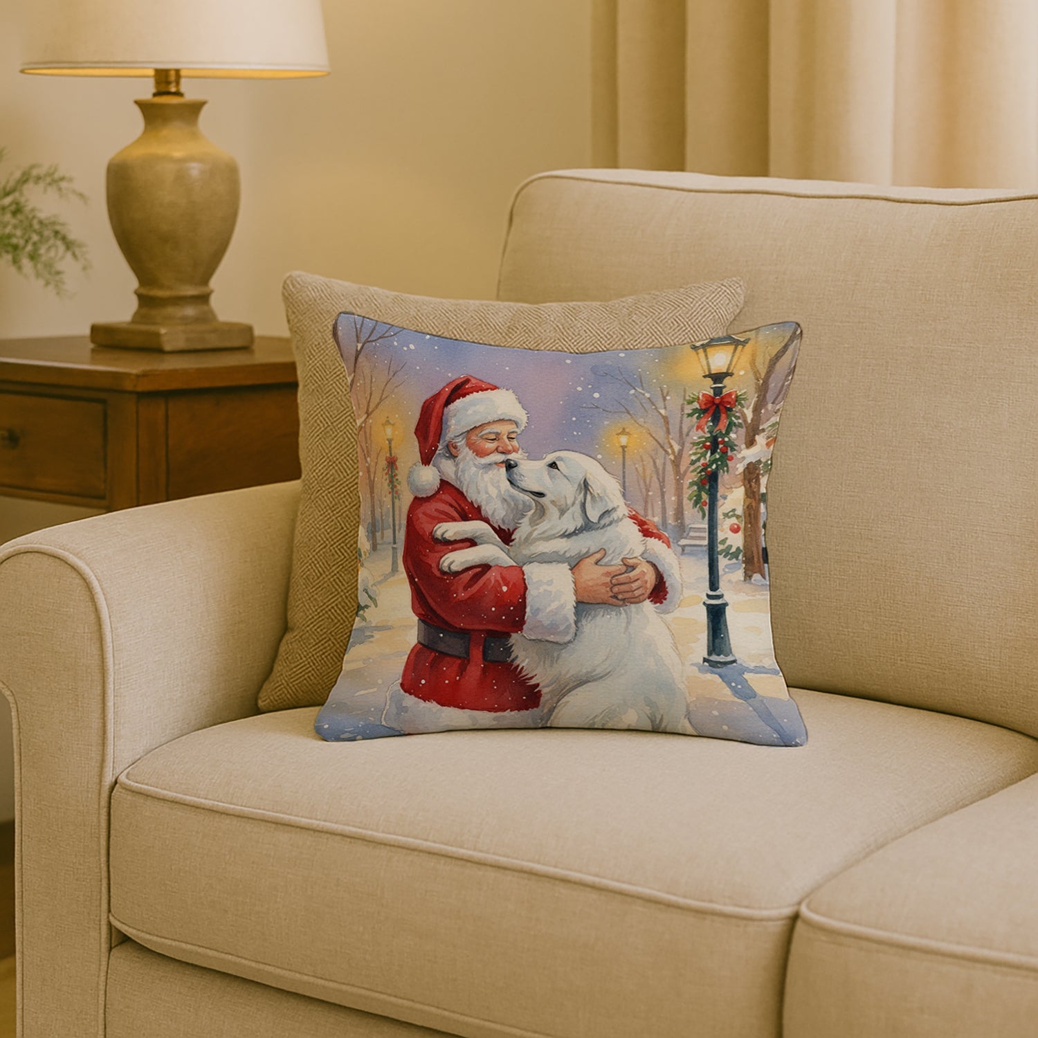 Great Pyrenees with Santa Claus Decorative Throw Pillow 18x18 Indoor Outdoor Accent Cushion, Fabric Cover with Insert for Sofa, Bed, Porch & Living Room